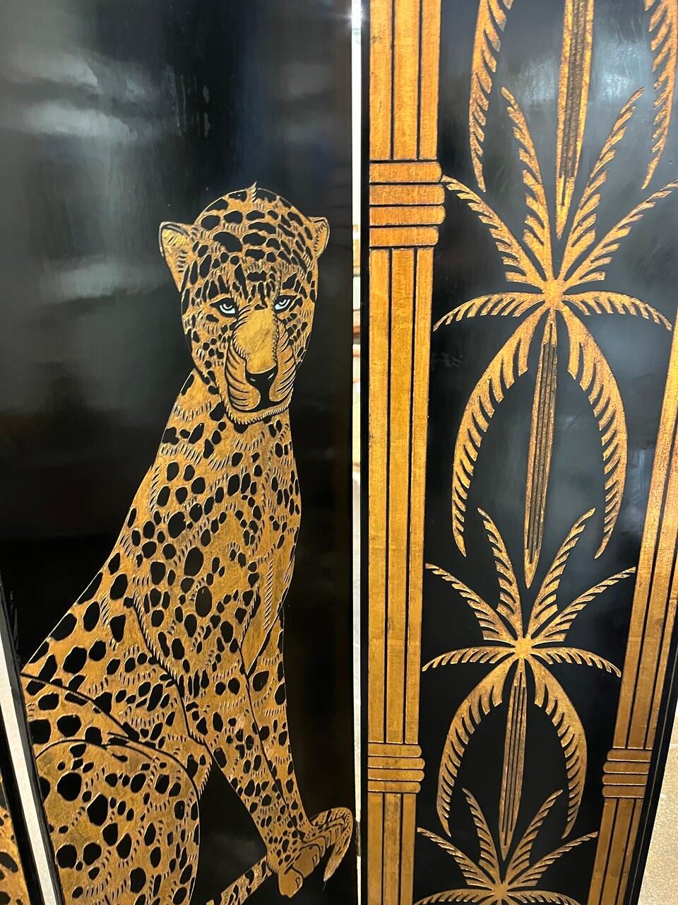 Hollywood Regency Gilt Palm and Cheetahs Folding Screen In Good Condition For Sale In Houston, TX
