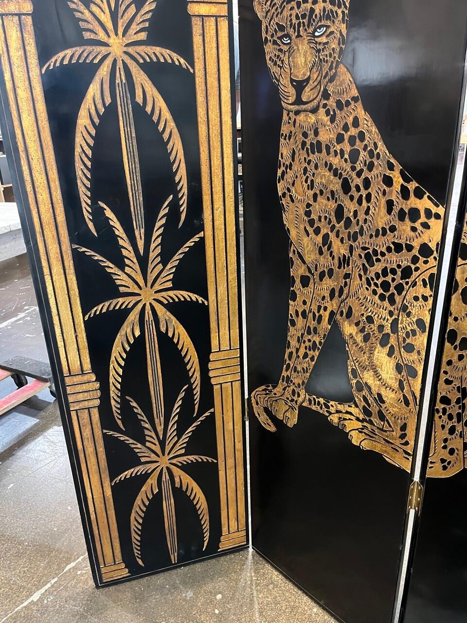 Wood Hollywood Regency Gilt Palm and Cheetahs Folding Screen For Sale