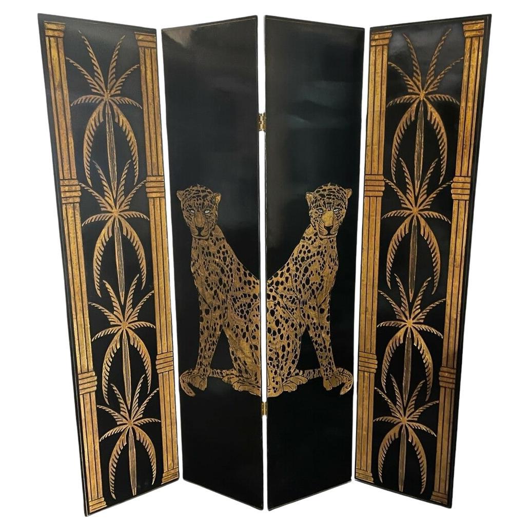 Hollywood Regency Gilt Palm and Cheetahs Folding Screen For Sale