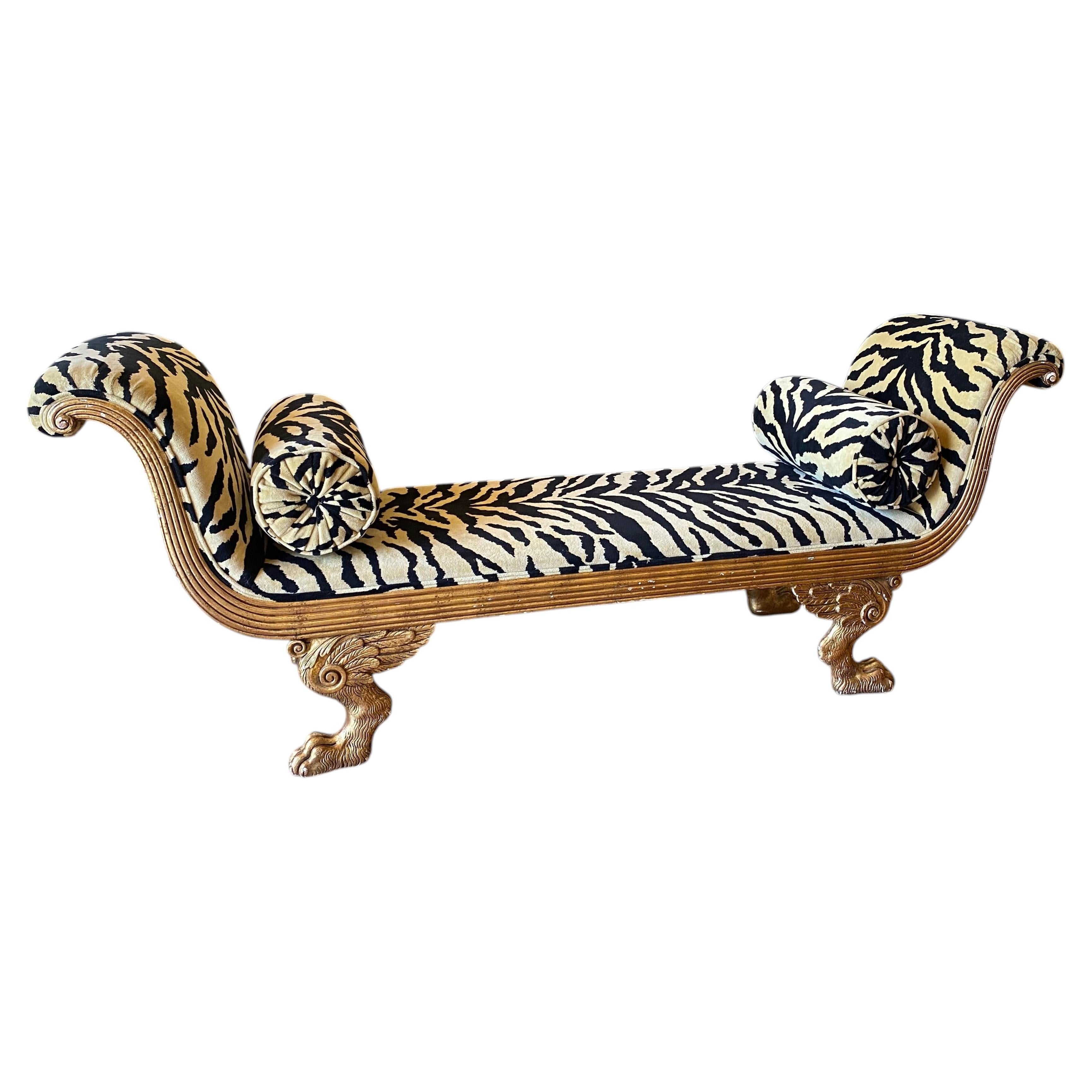 Hollywood Regency Gilt Récamier Chaise with Carved Lion Paw Feet & Zebra Fabric