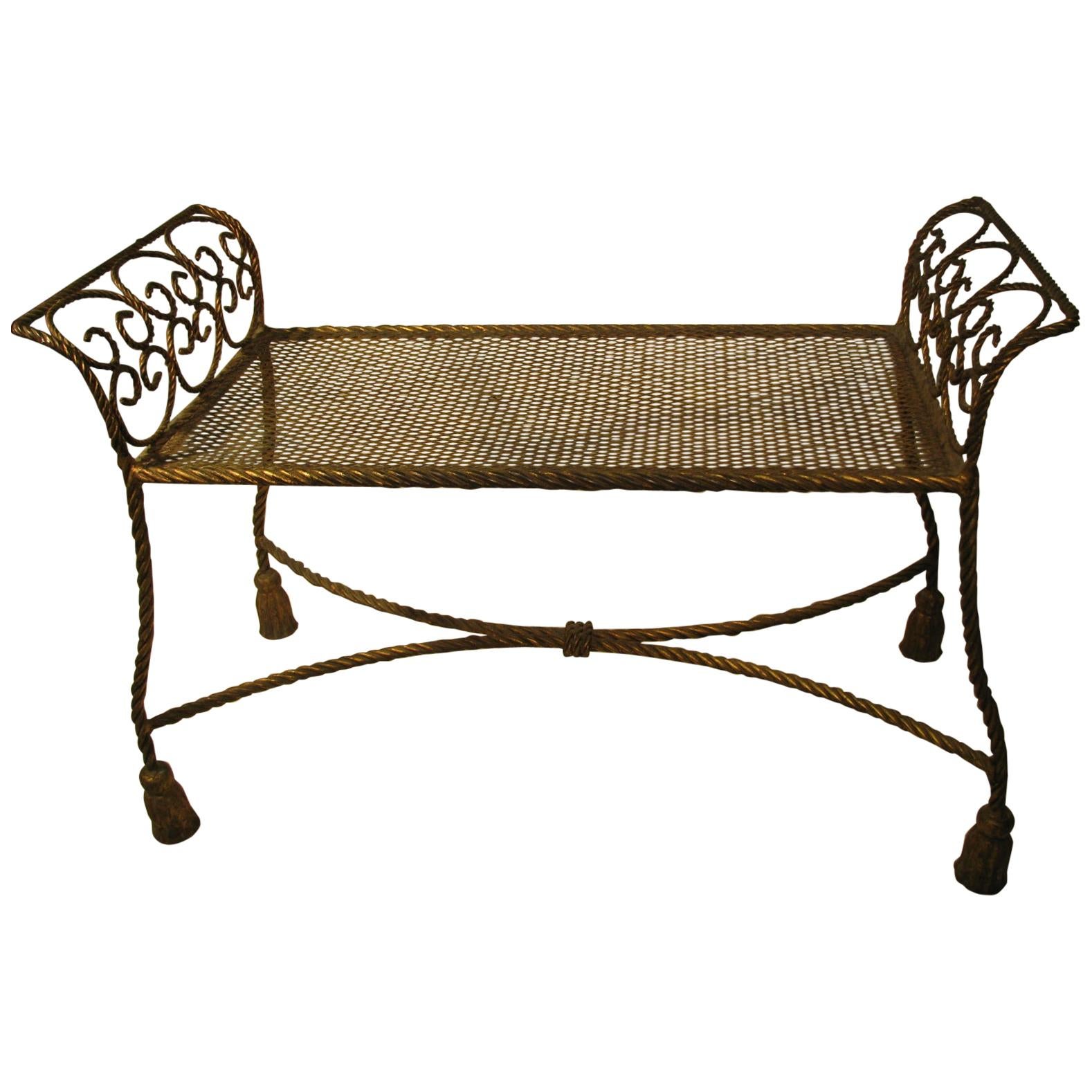 Hollywood Regency Gilt Rope and Tassel Vanity Seat Window Bench For Sale