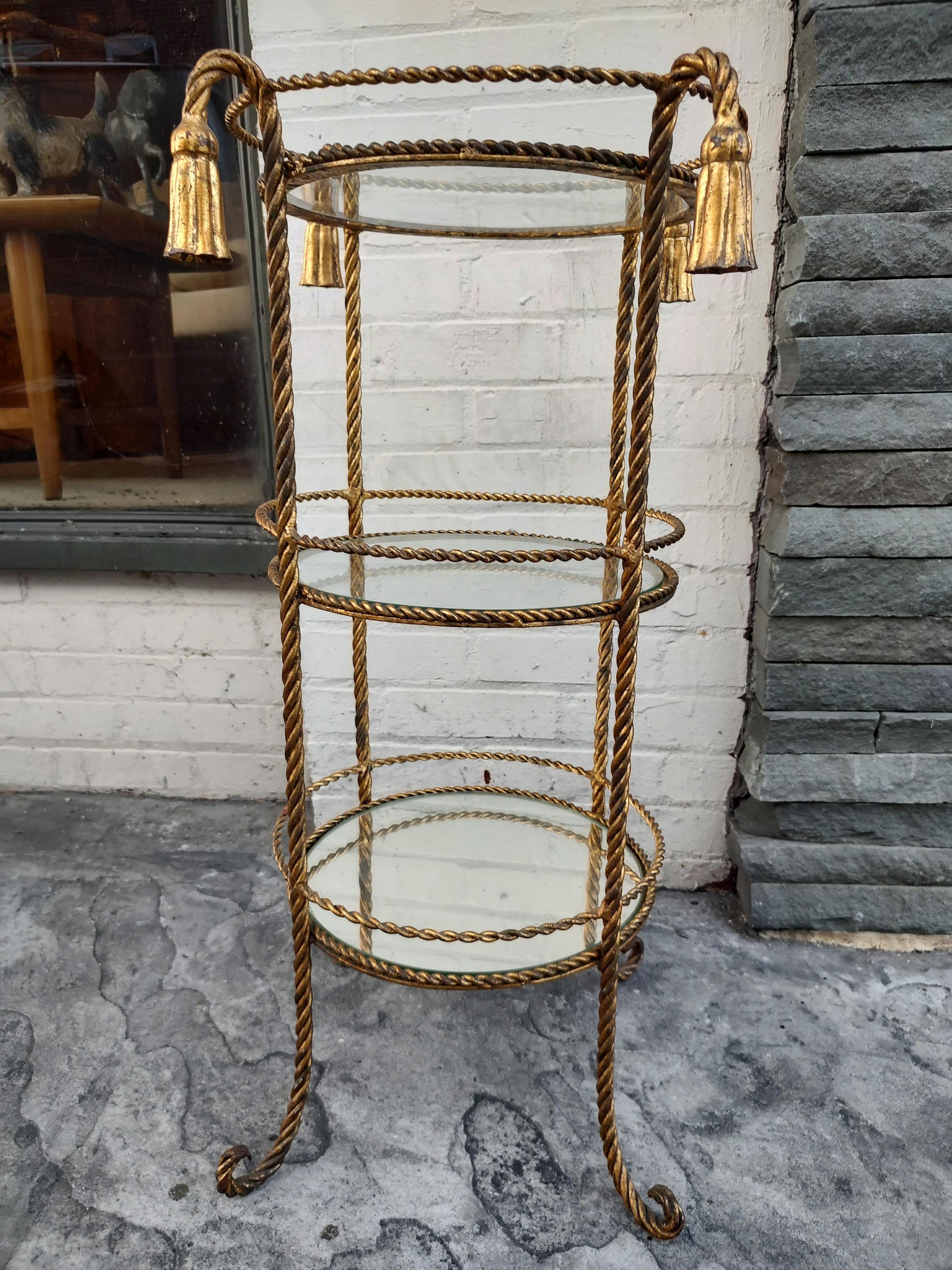 Hollywood Regency Gilt Rope & Tassel 3 Tier Etagere Stand, Italy 1
