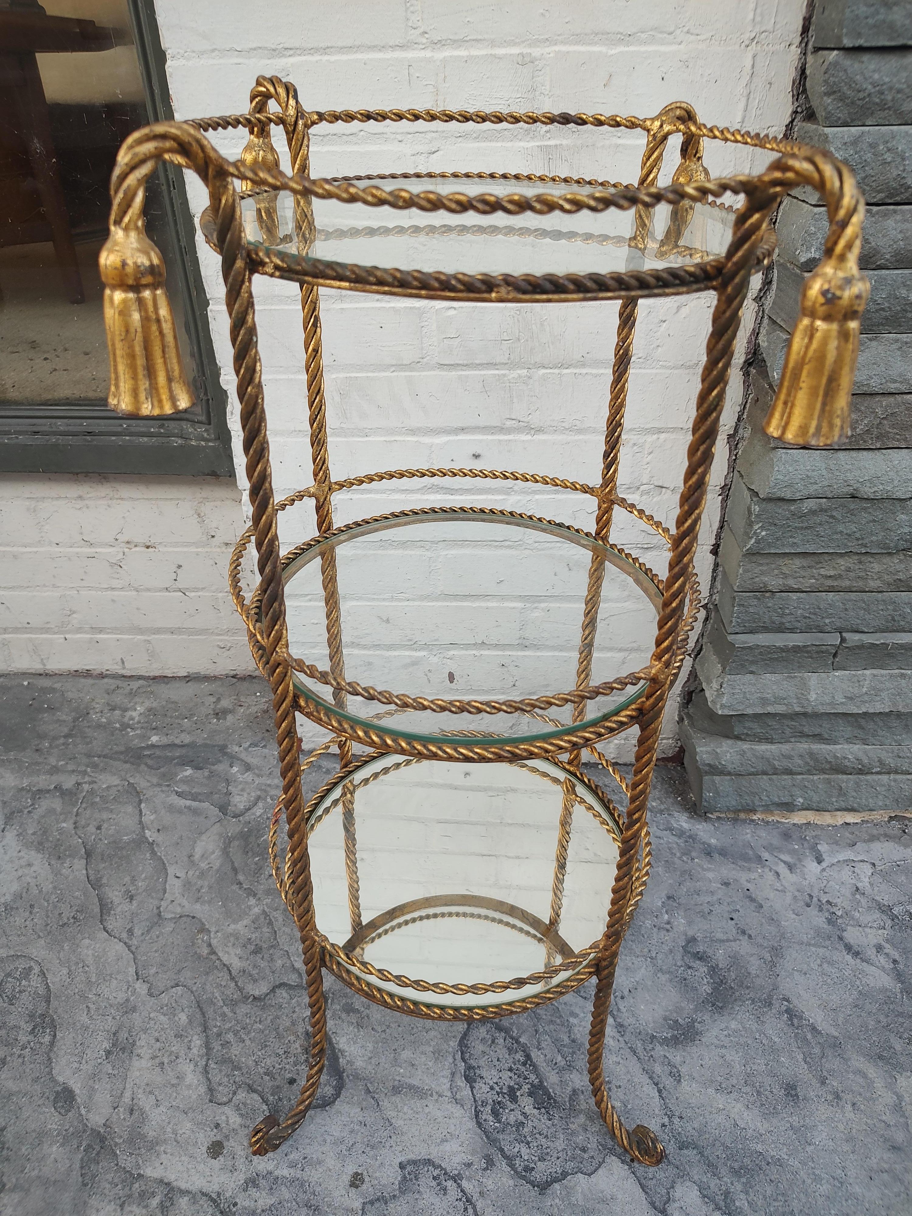 Hollywood Regency Gilt Rope & Tassel 3 Tier Etagere Stand, Italy 2