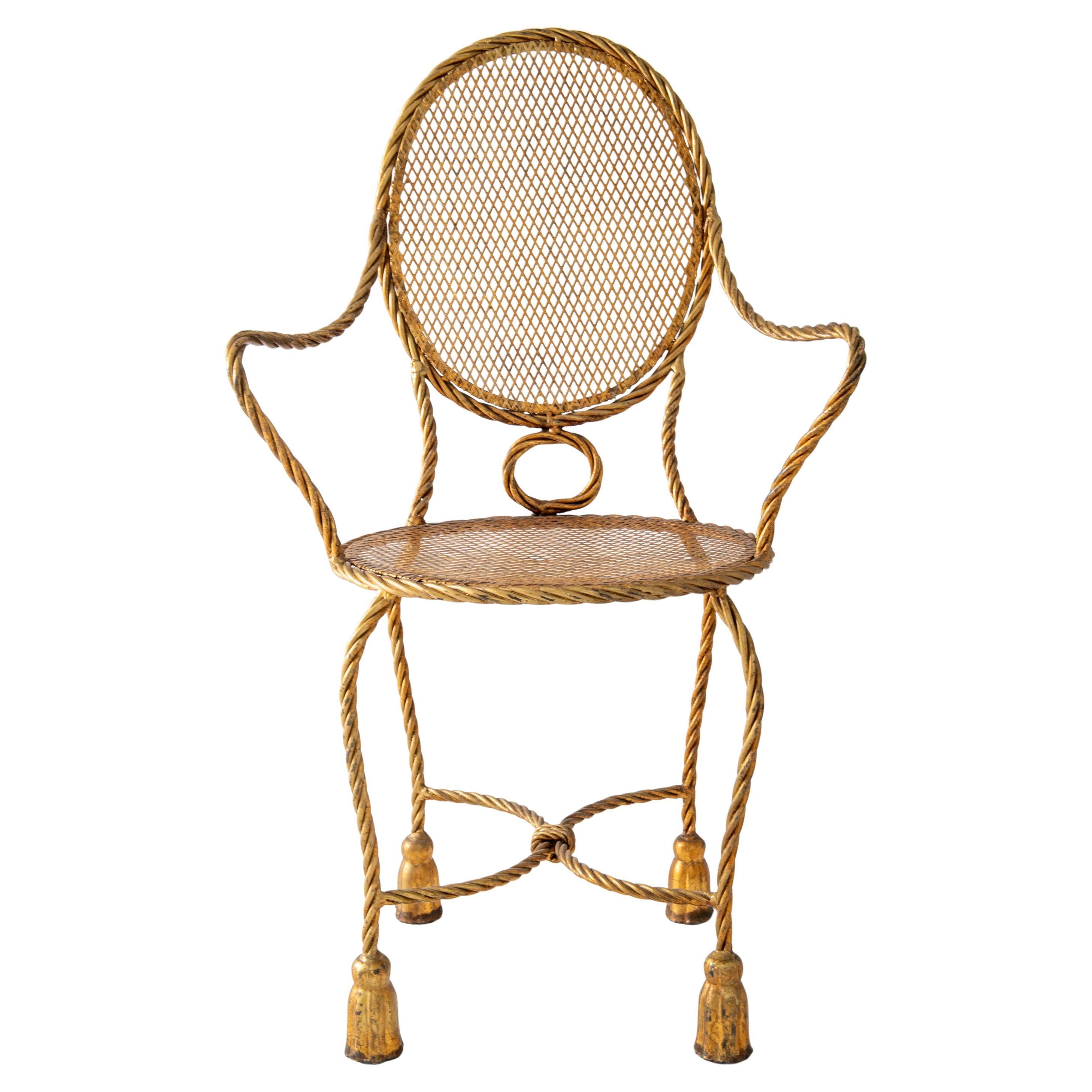 Vanità, scrivania, poltrona boudoir, pouf in ferro e corda dorata Hollywood Regency