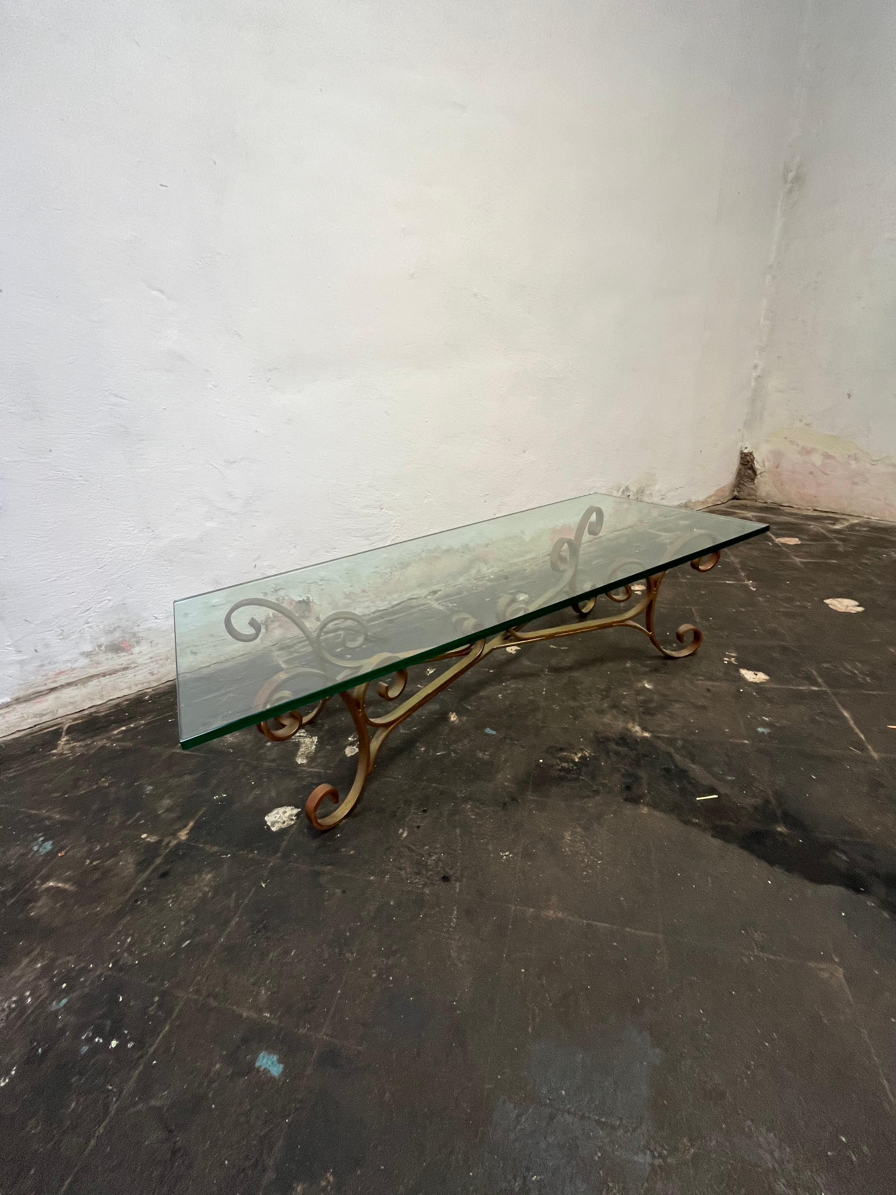 Glass Hollywood Regency Gilt Scroll Wrought Iron Coffee Table Base For Sale