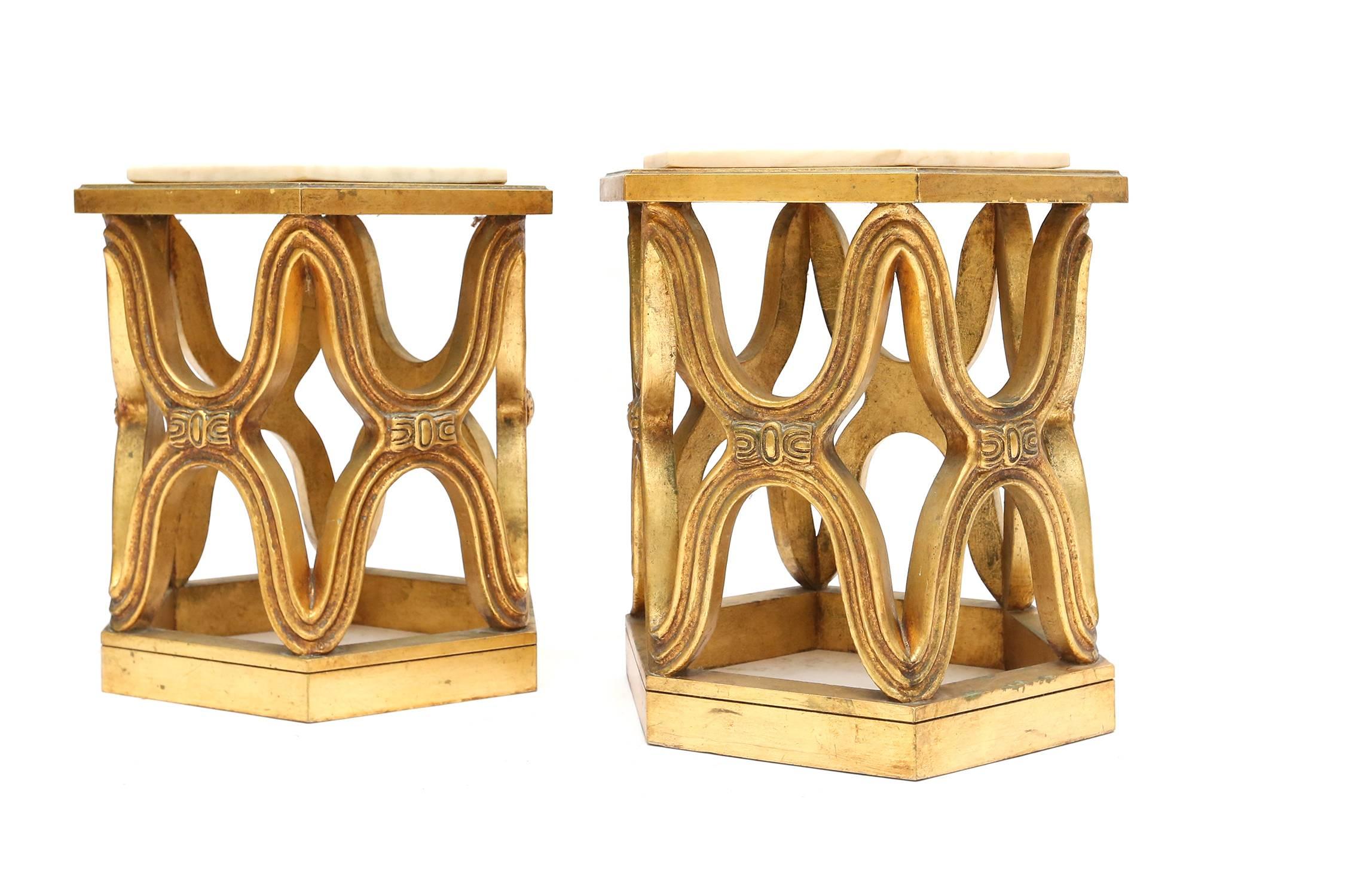 Louis XIV Hollywood Regency Gilt Side Tables with Calacatta Marble Top