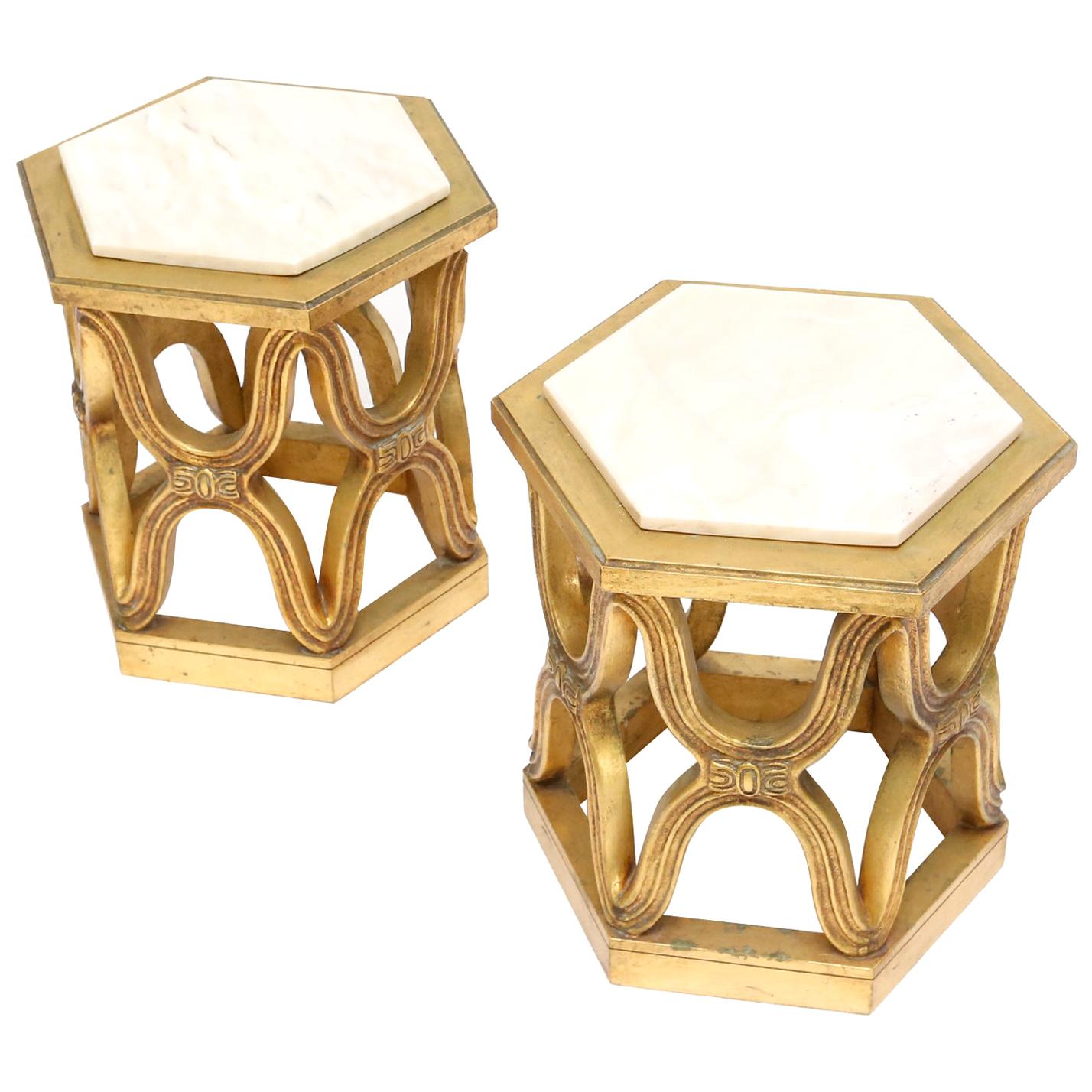 Hollywood Regency Gilt Side Tables with Calacatta Marble Top