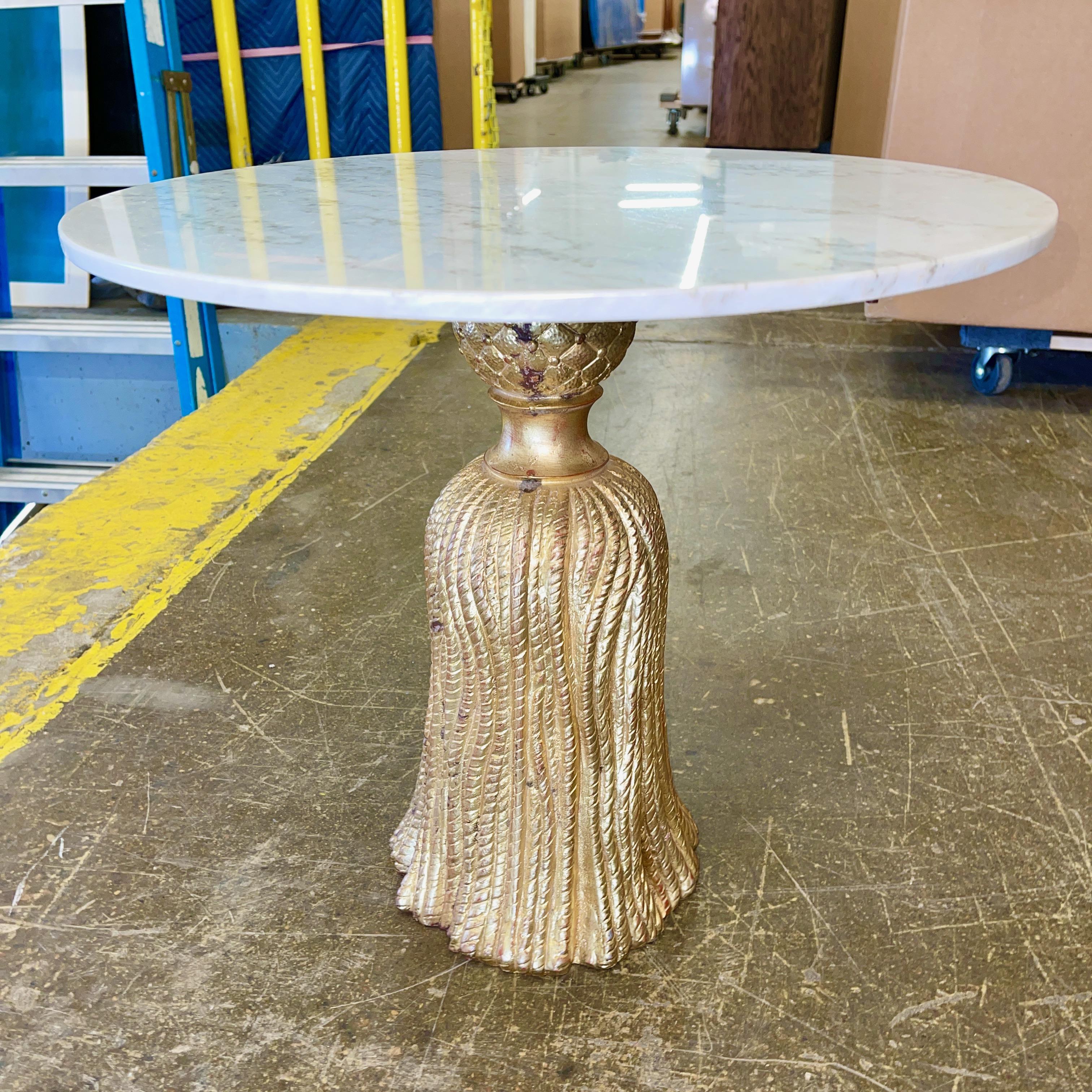 Italian Hollywood Regency Gilt Tassel Form Side Table with Round Marble Top