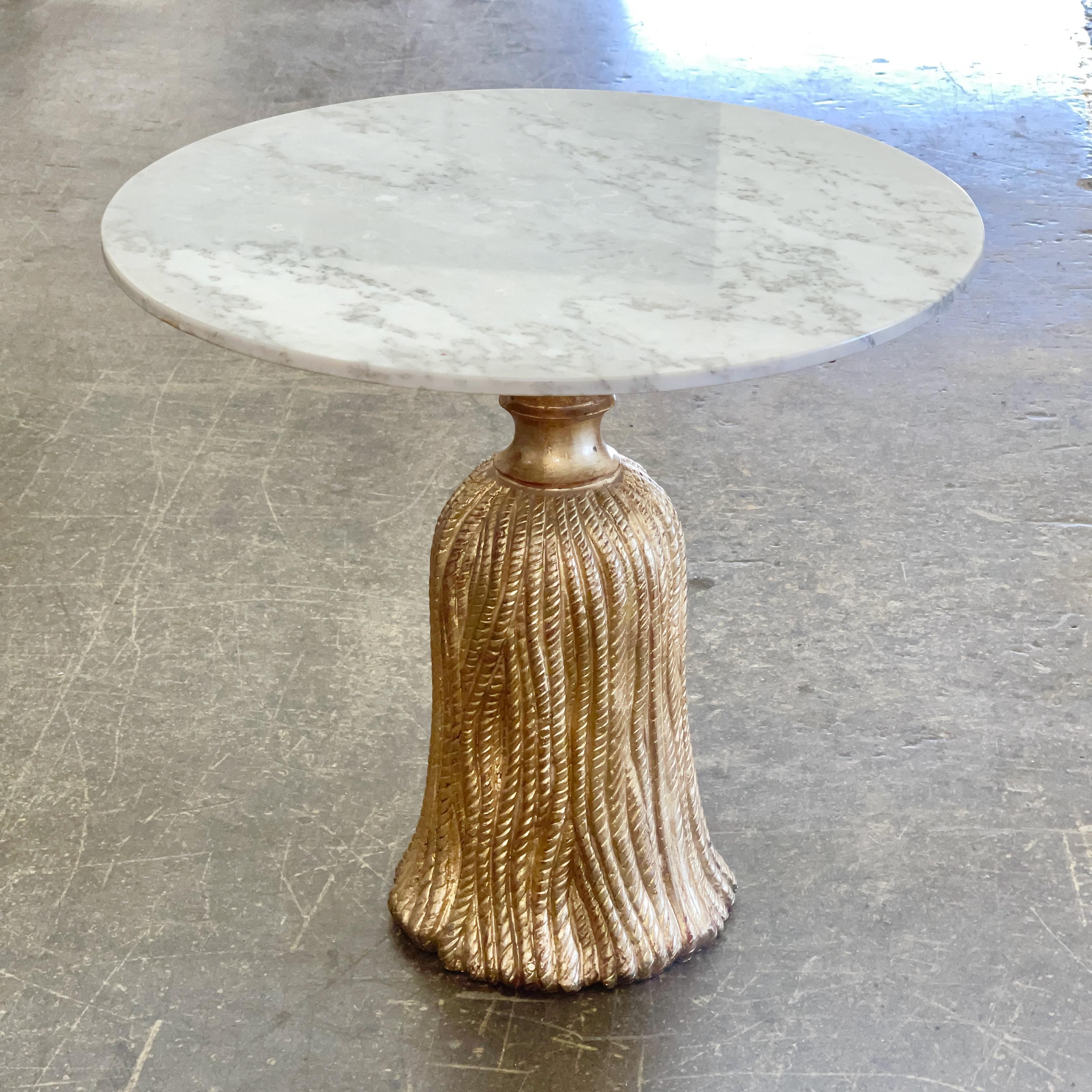 Hollywood Regency Gilt Tassel Form Side Table with Round Marble Top In Good Condition In Hanover, MA