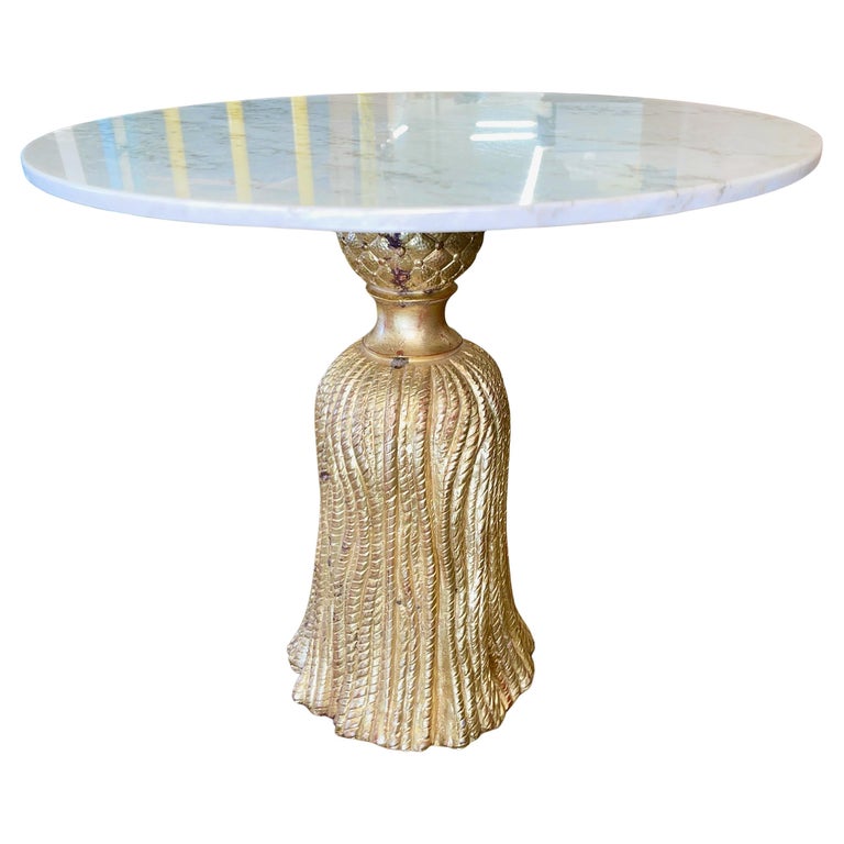 Hollywood Regency Gilt Tassel Form Side Table with Round Marble Top For Sale