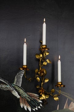 Hollywood Regency Gilt Tole Metal Triple-Arm Floral Wall Candle Sconce, 1970s