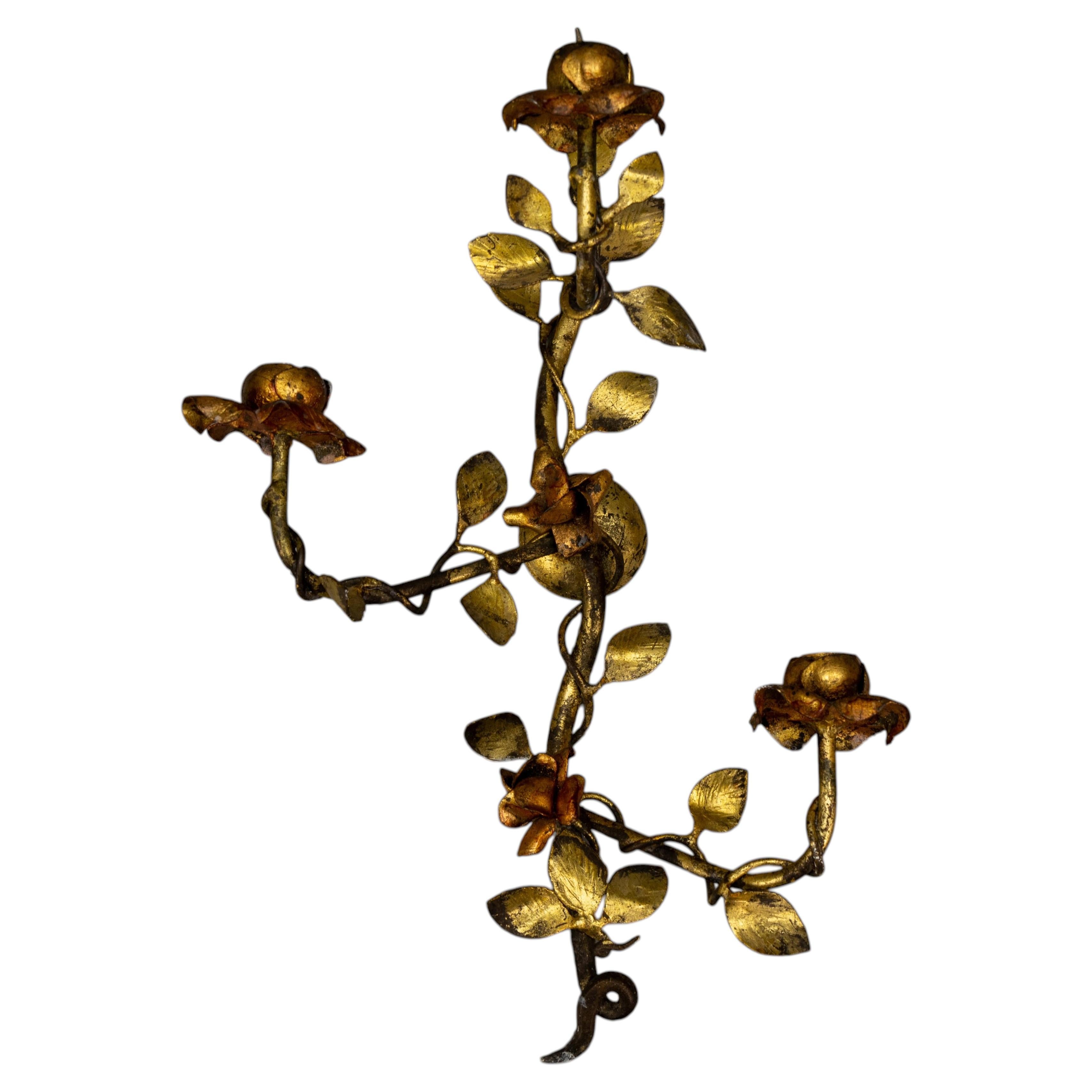 Hollywood Regency Gilt Tole Metal Triple-Arm Floral Wall Candle Sconce, 1970s