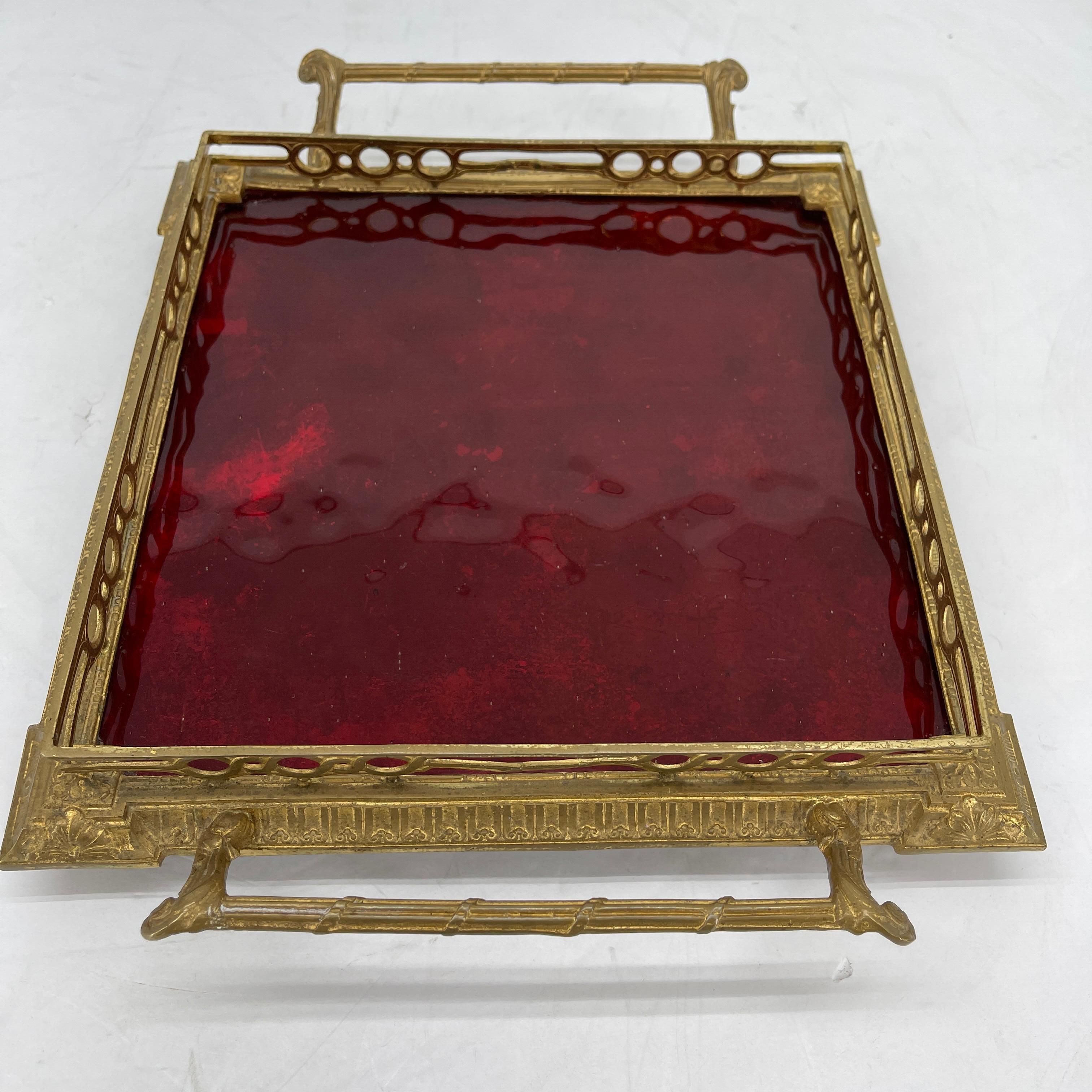 Hollywood Regency Gilt Vanity Tray with Red Glass Insert and Handles 3