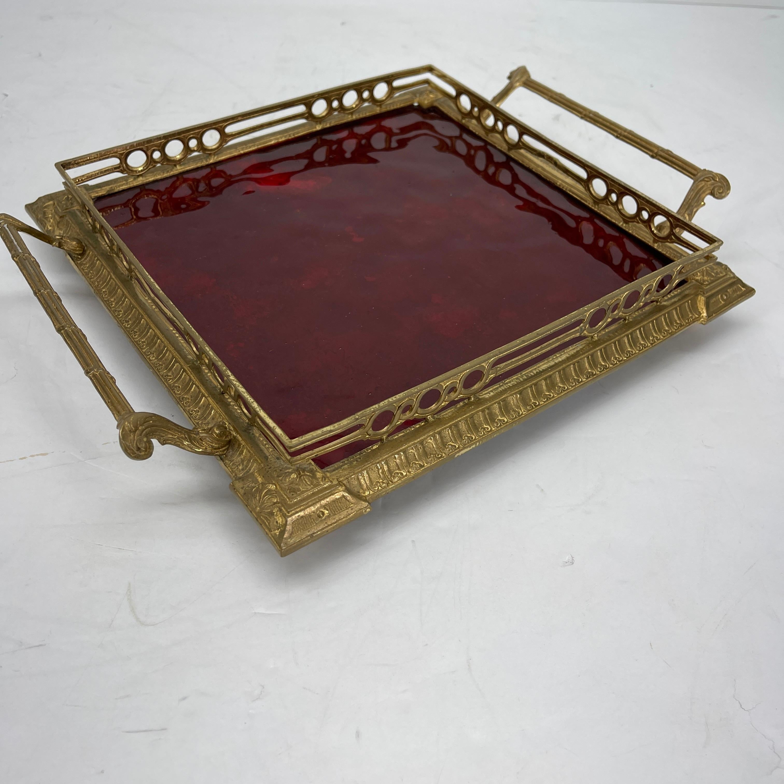 Hollywood Regency Gilt Vanity Tray with Red Glass Insert and Handles 4