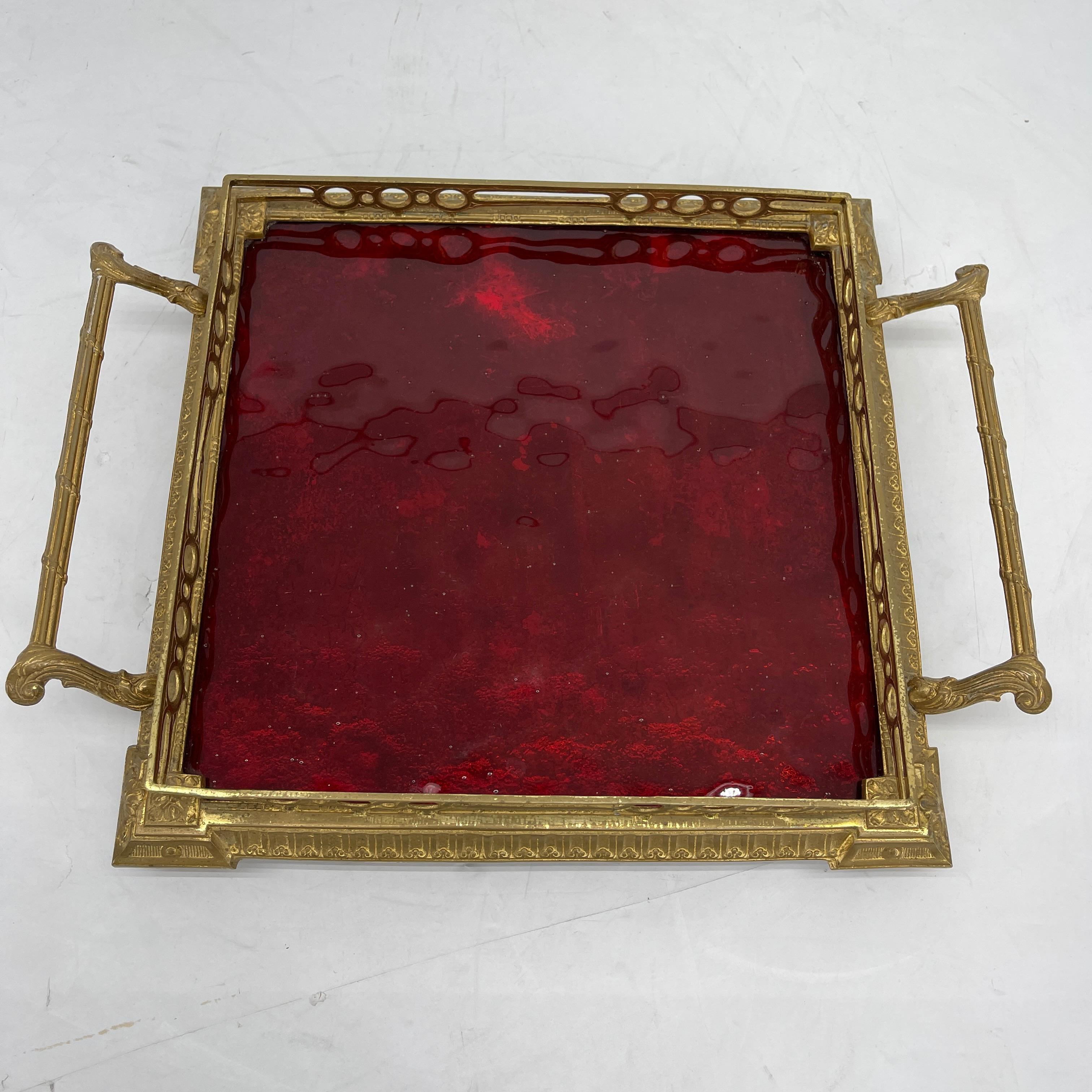 Hollywood Regency Gilt Vanity Tray with Red Glass Insert and Handles 5
