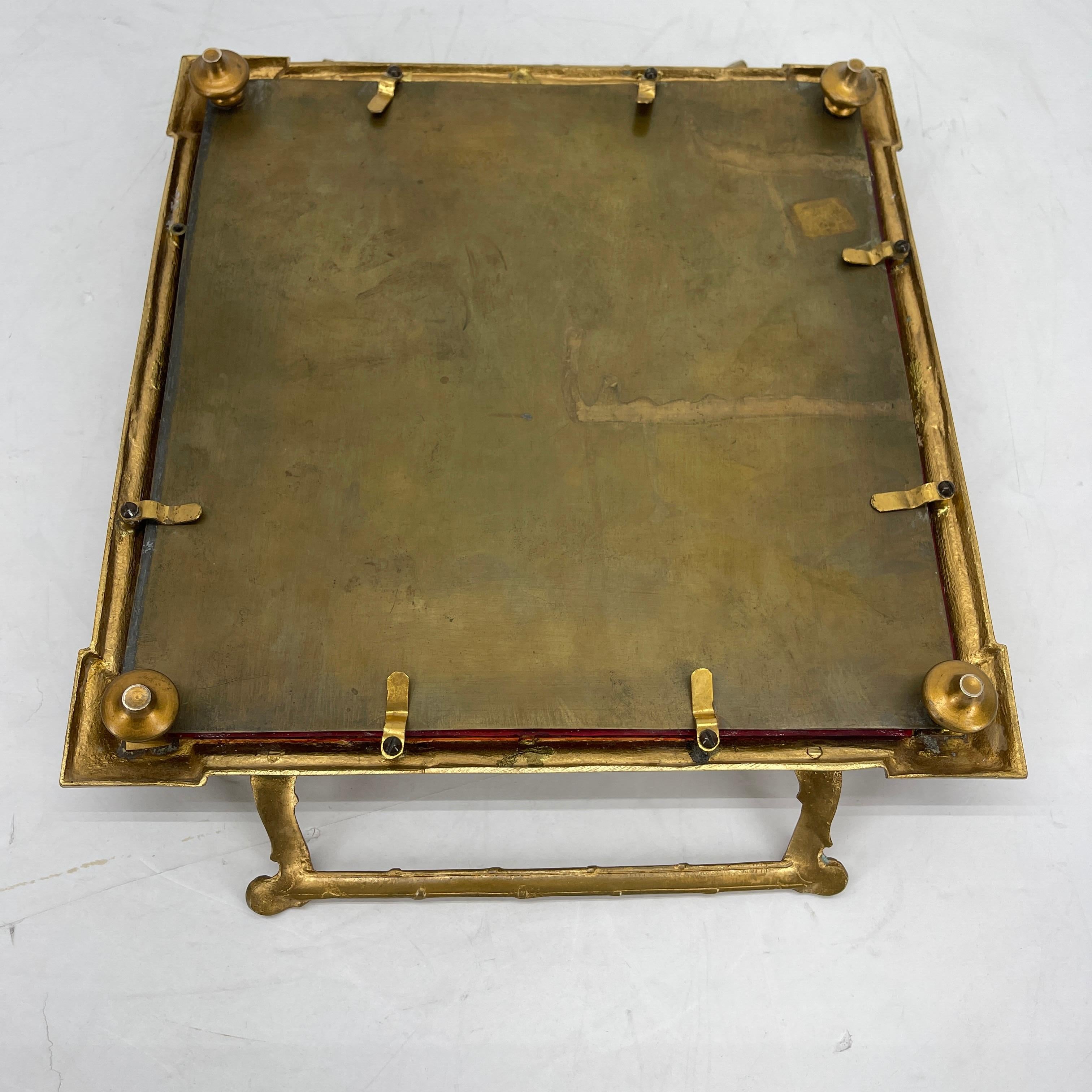 Hollywood Regency Gilt Vanity Tray with Red Glass Insert and Handles 6