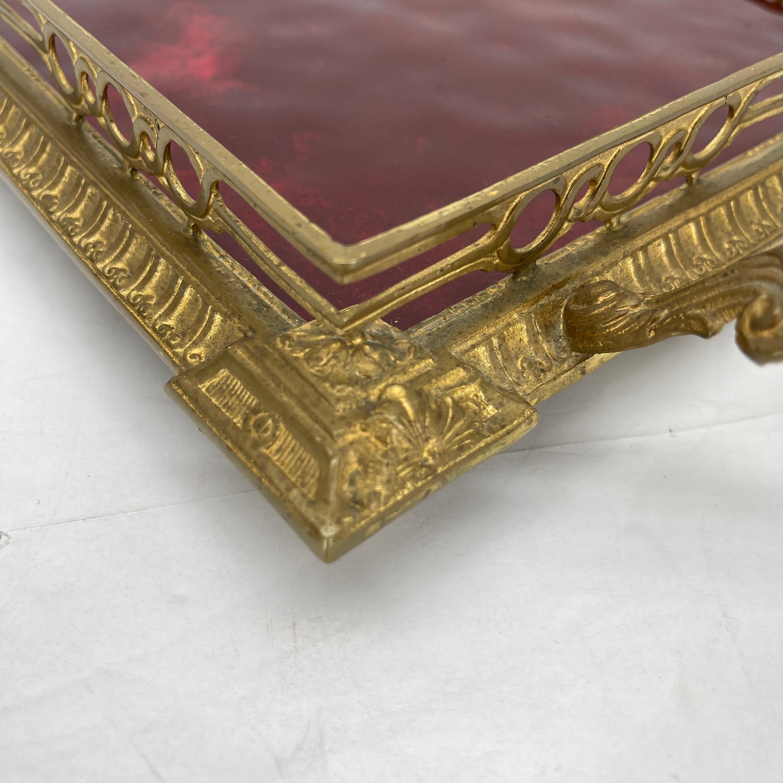 French Hollywood Regency Gilt Vanity Tray with Red Glass Insert and Handles