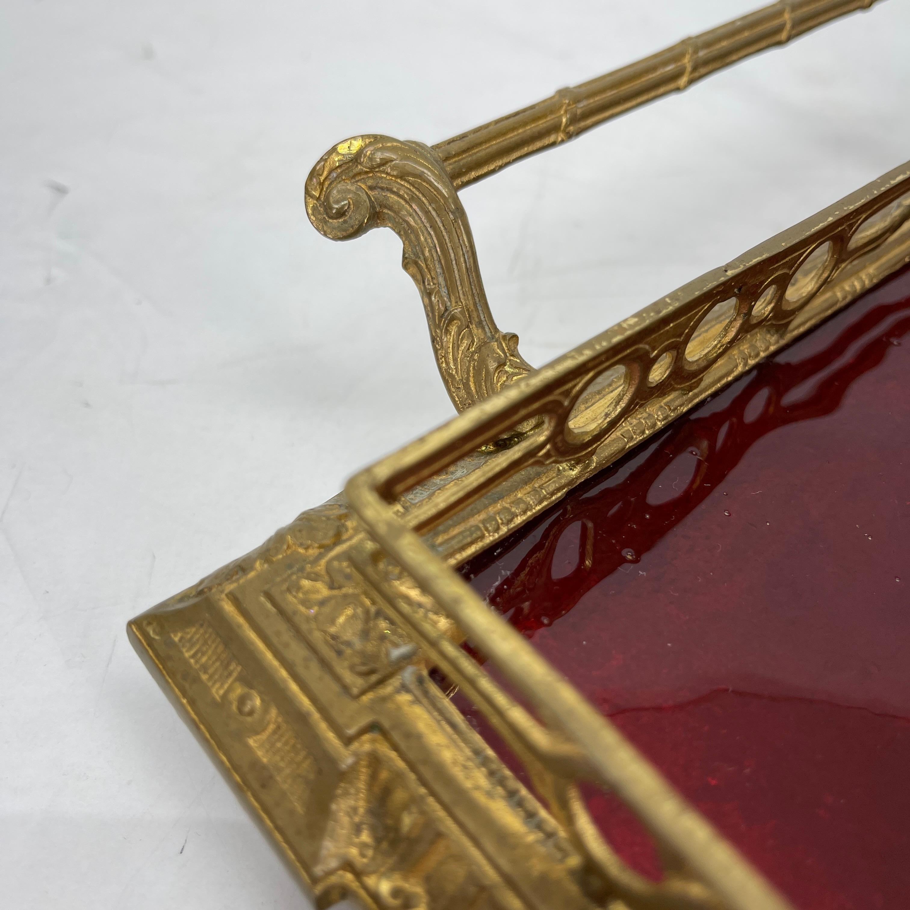 Hollywood Regency Gilt Vanity Tray with Red Glass Insert and Handles In Good Condition In Haddonfield, NJ