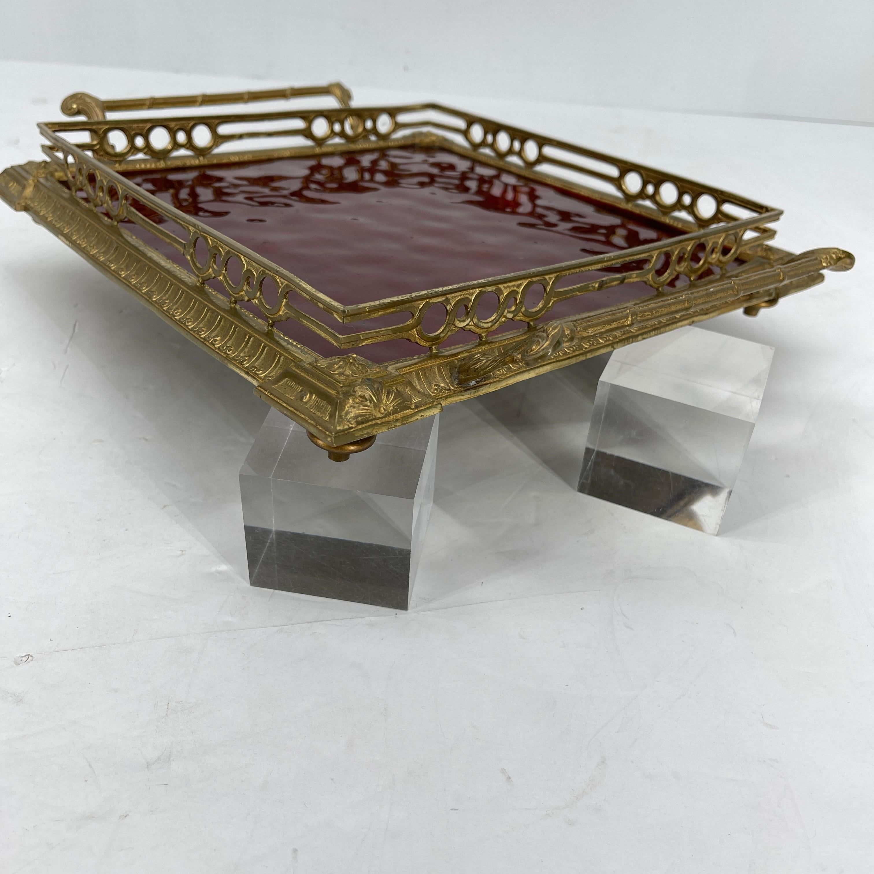 Metal Hollywood Regency Gilt Vanity Tray with Red Glass Insert and Handles