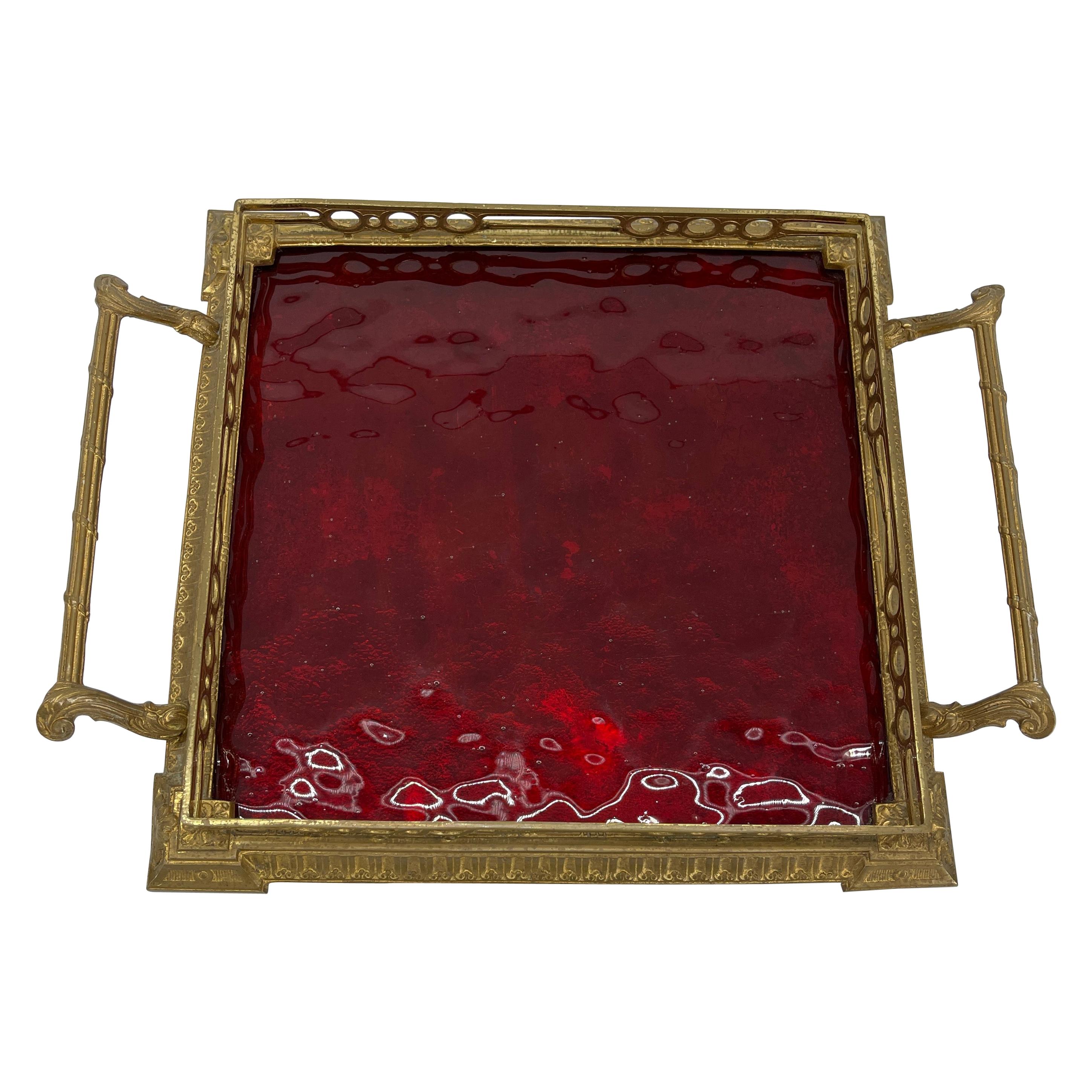 Hollywood Regency Gilt Vanity Tray with Red Glass Insert and Handles