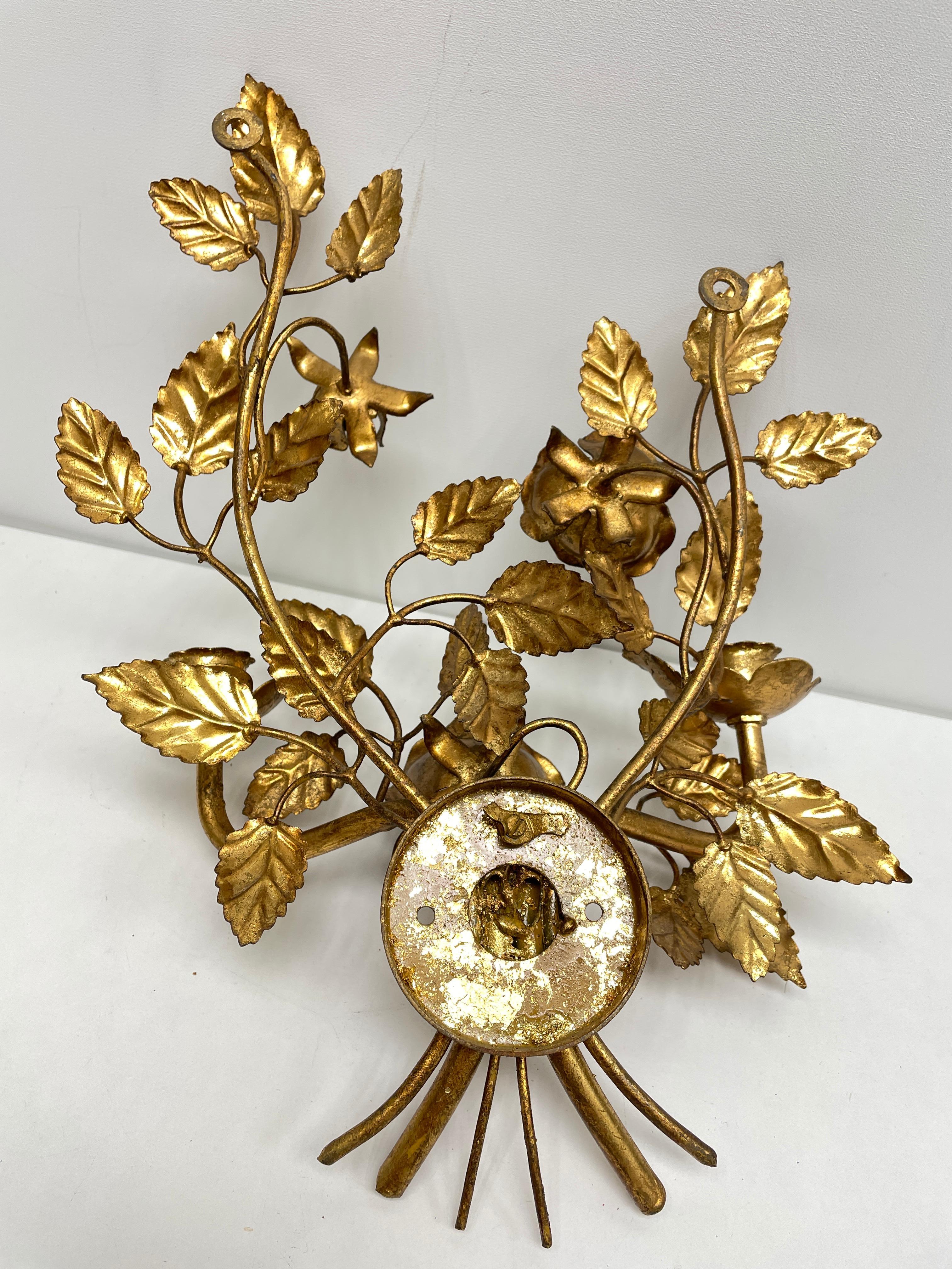 Metal Hollywood Regency Gilt Wall Candle Sconces Flower Motif, Italy 1950s