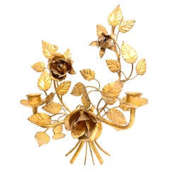 Hollywood Regency Gilt Wall Candle Sconces Flower Motif, Italy 1950s