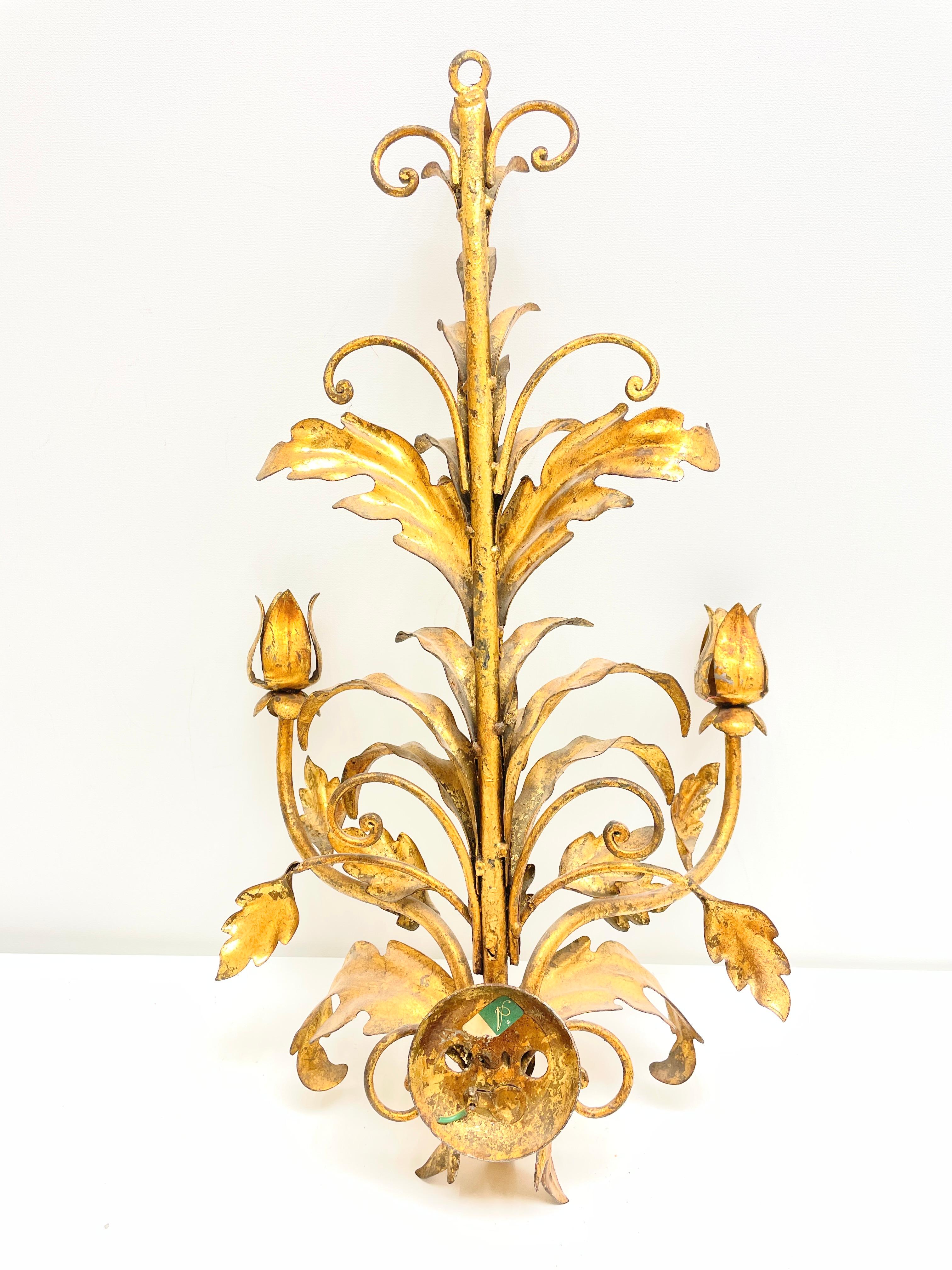 Italian Hollywood Regency Gilt Wall Candle Sconce Flower Motif, Italy 1960s