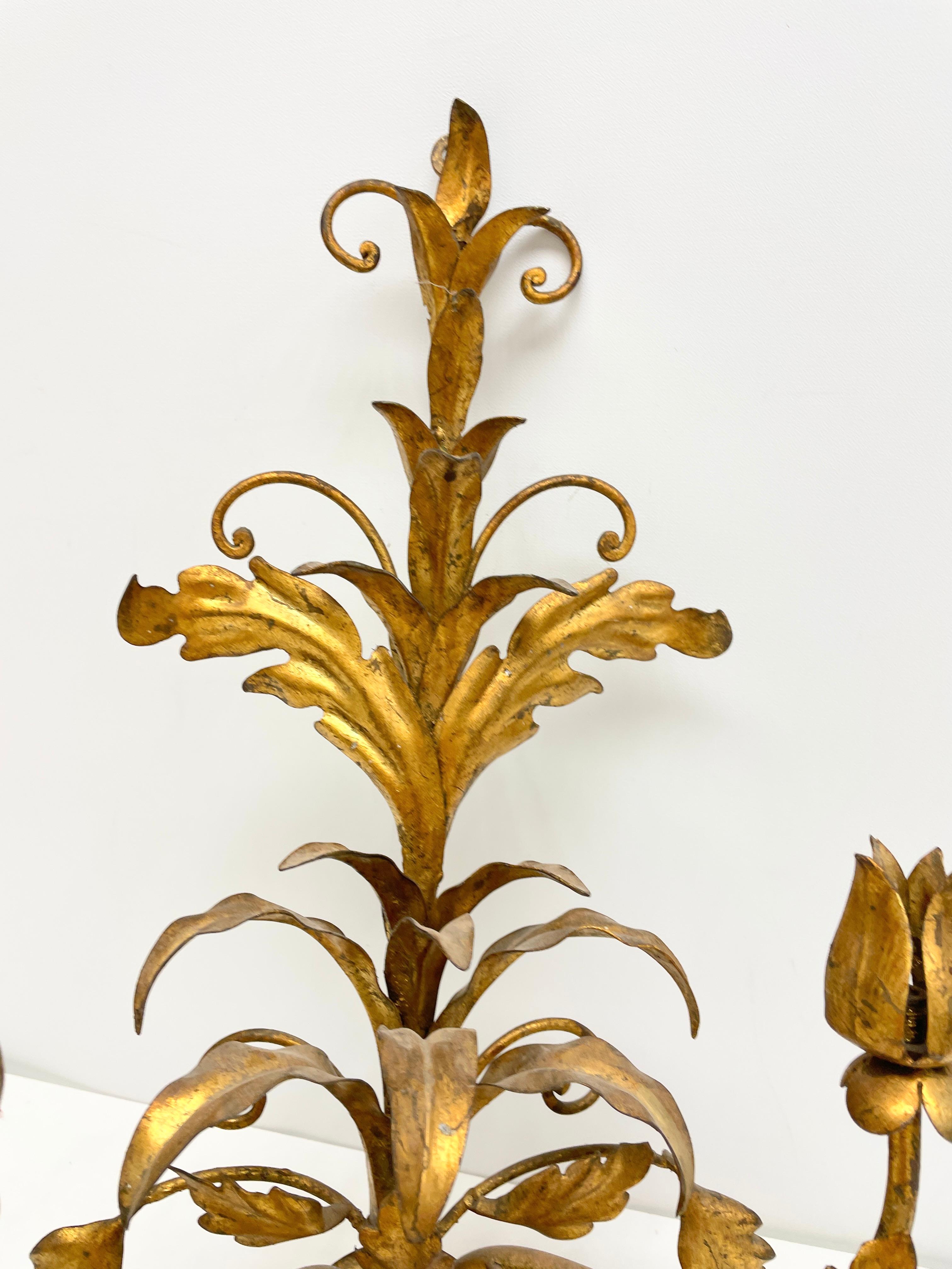 Metal Hollywood Regency Gilt Wall Candle Sconce Flower Motif, Italy 1960s