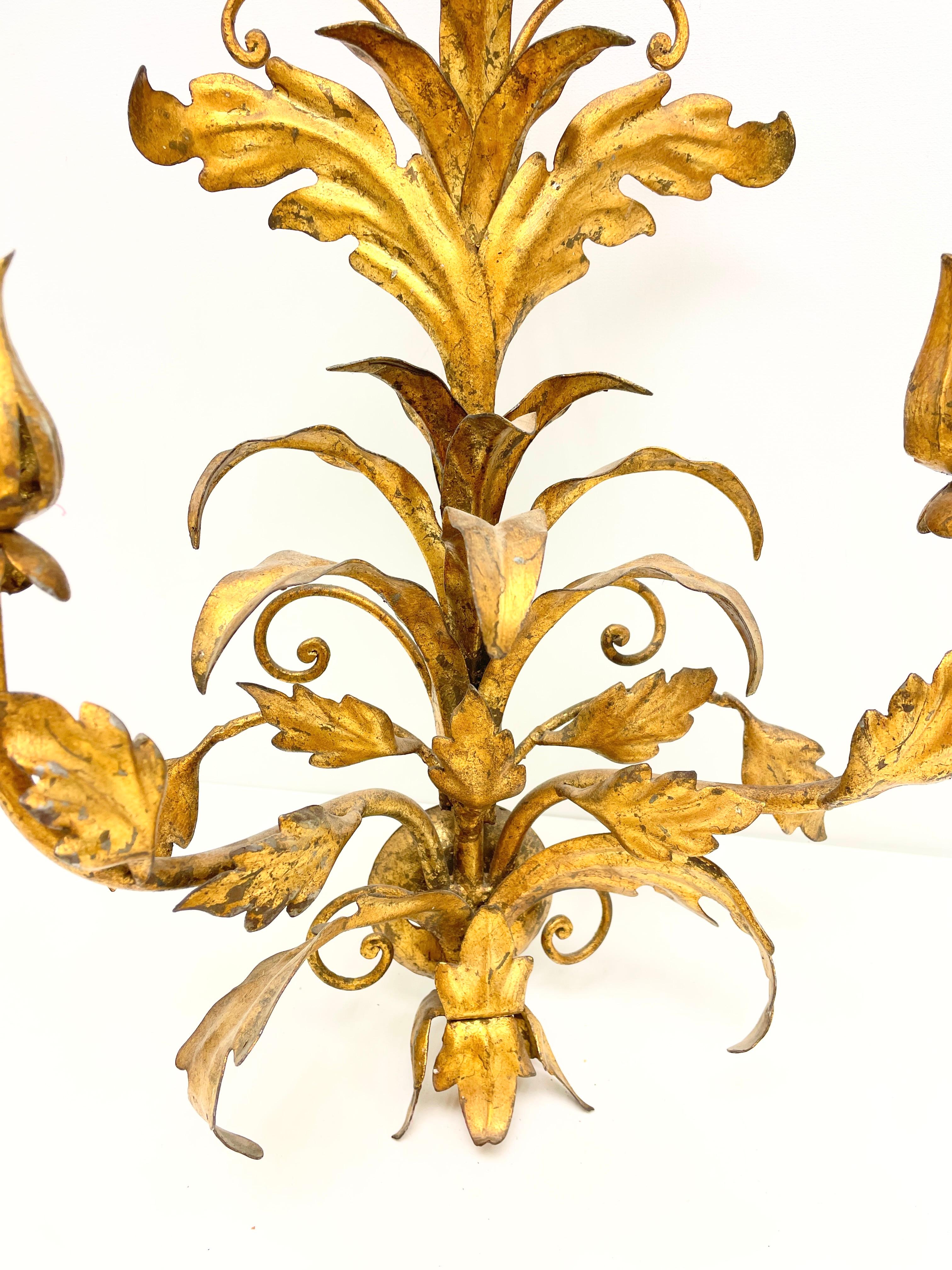 Hollywood Regency Gilt Wall Candle Sconce Flower Motif, Italy 1960s 1