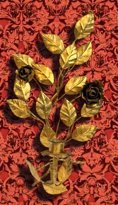 Hollywood Regency Gilt Wall Candle Sconces Flower Roses Motif, Italy 1950s