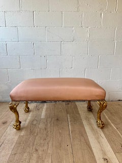 Hollywood Regency Giltwood Bench with Carved Cabriole Legs and Blush Upholstery