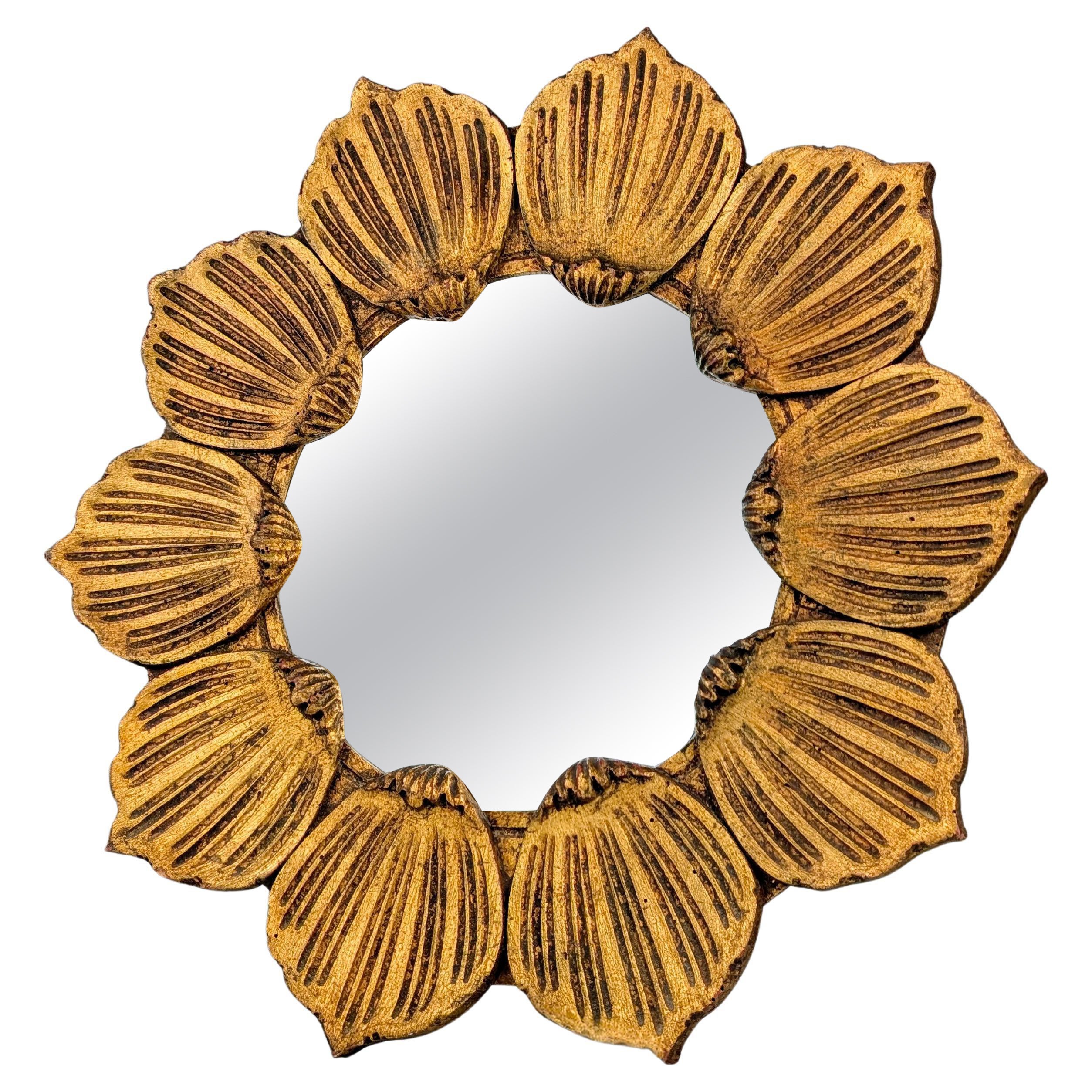 Hollywood Regency Giltwood Carved Flower Sunburst Mirror, France 1950s