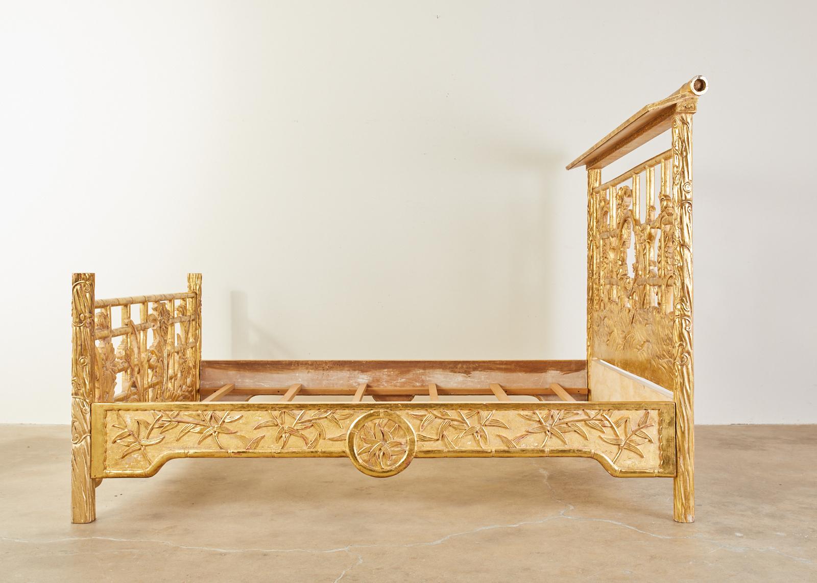 Hollywood Regency Giltwood Faux-Bamboo Pagoda Bed In Good Condition In Rio Vista, CA