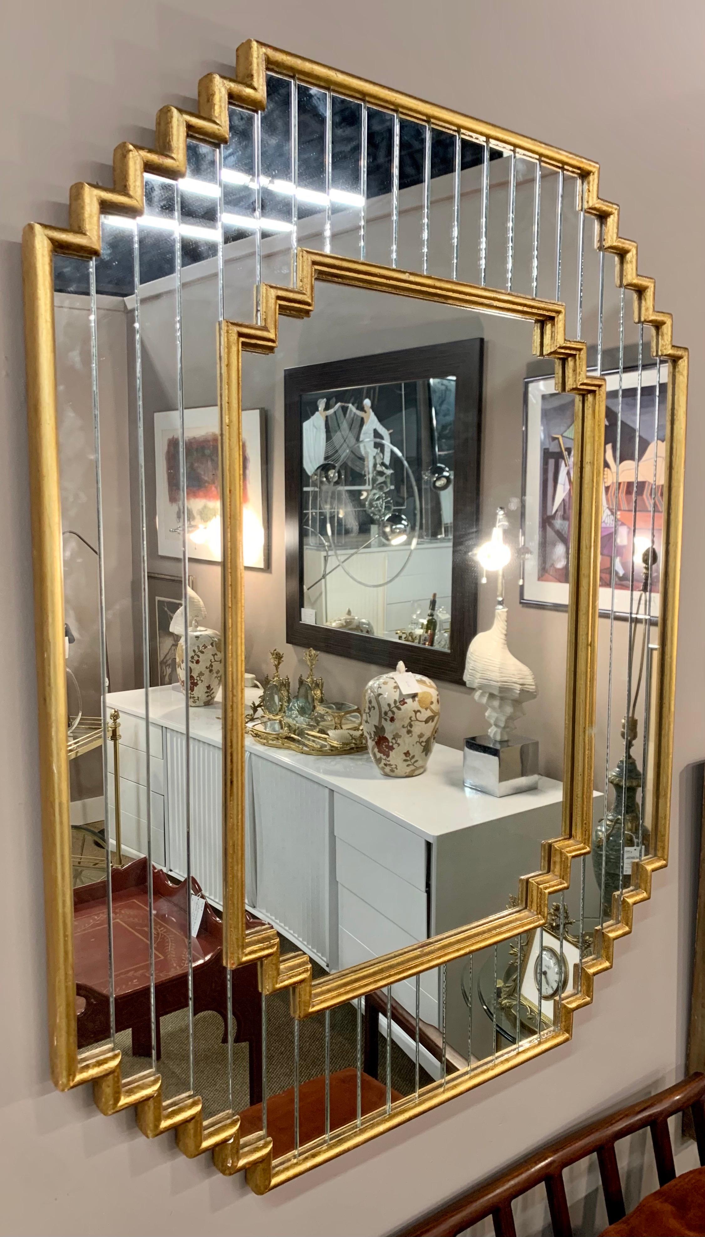 Hollywood Regency Giltwood Mirror with Faceted Mirrored Frame 3