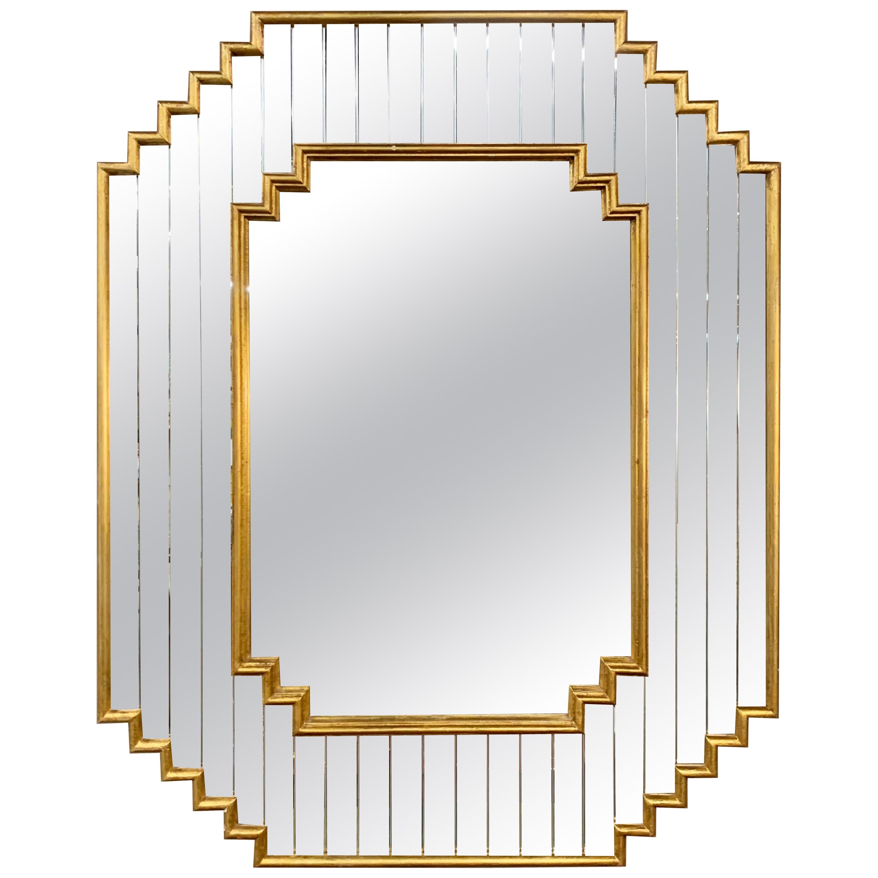 Hollywood Regency Giltwood Mirror with Faceted Mirrored Frame
