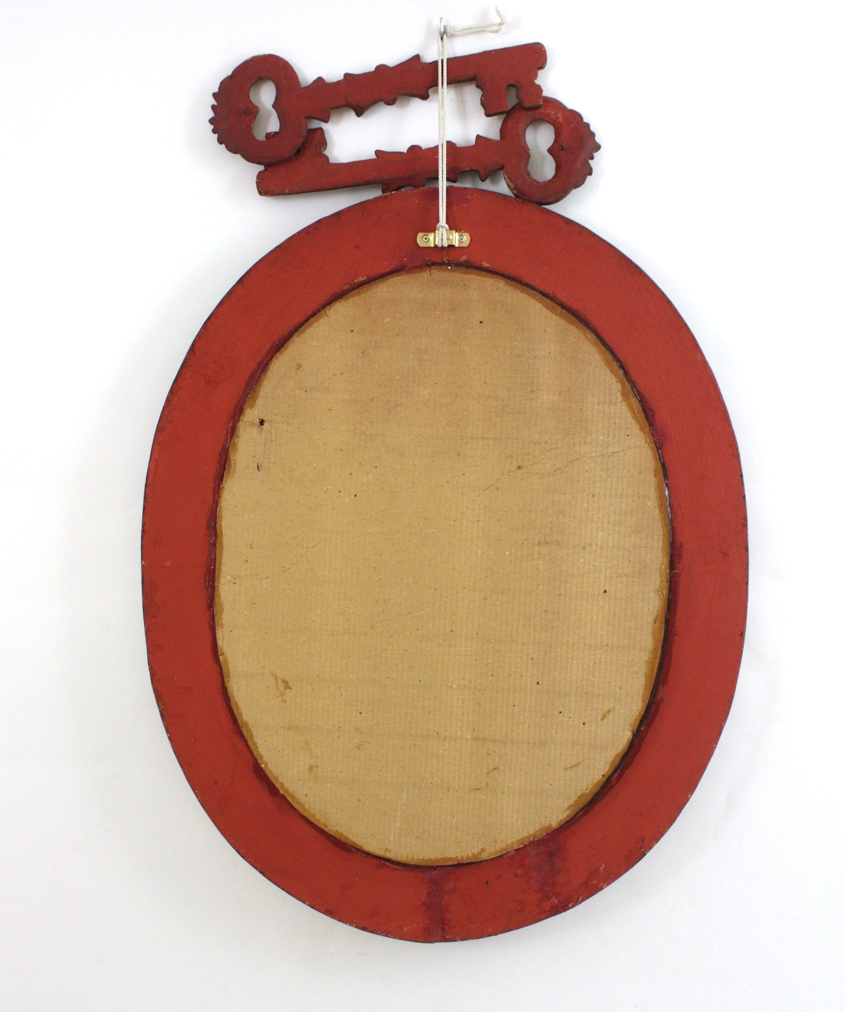 Miroir ovale Hollywood Regency en bois doré avec clés décoration murale en vente 8