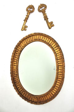 Hollywood Regency Giltwood Oval Mirror with Keys Wall Decoration Detail