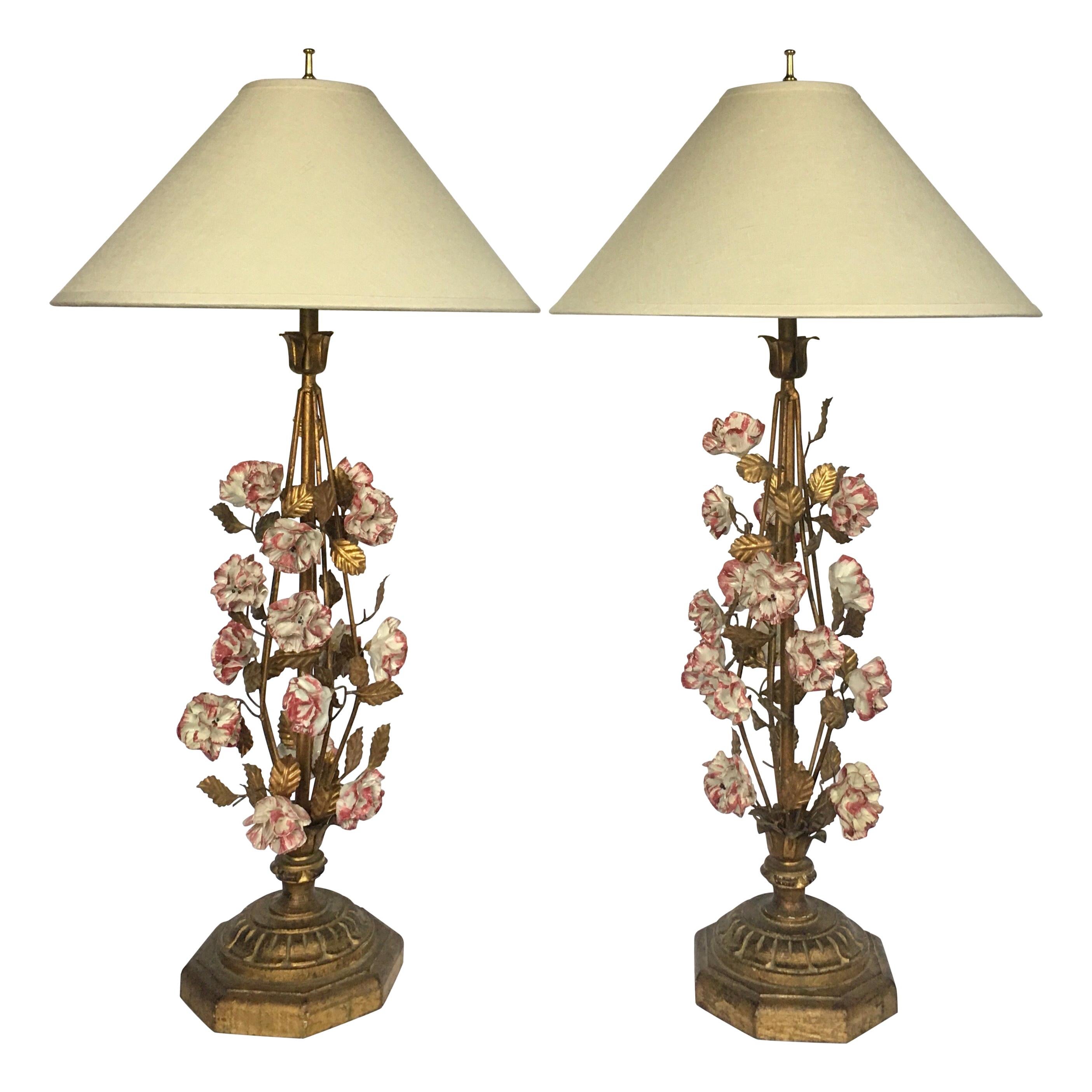 Hollywood Regency Giltwood Tole Floral Table Lamps, Italy 
