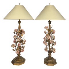 Hollywood Regency Giltwood Tole Floral Table Lamps, Italy 