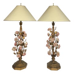 Hollywood Regency Giltwood Tole Floral Table Lamps, Italy