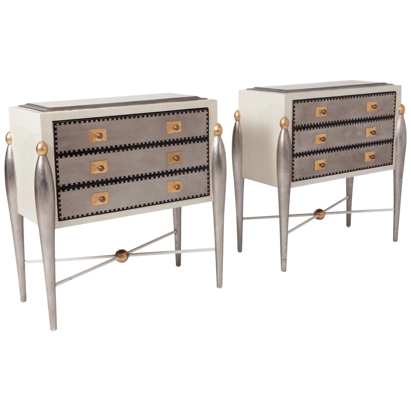 Mid-Century Modern white lacquer with silver and golden leaf finishing.
In the manner of the great French decorators from the 1940s.

Sculptural and refined cabinets, true eyecatchers to every interior.

France, 1970s.

Measures: W 92, D 46,