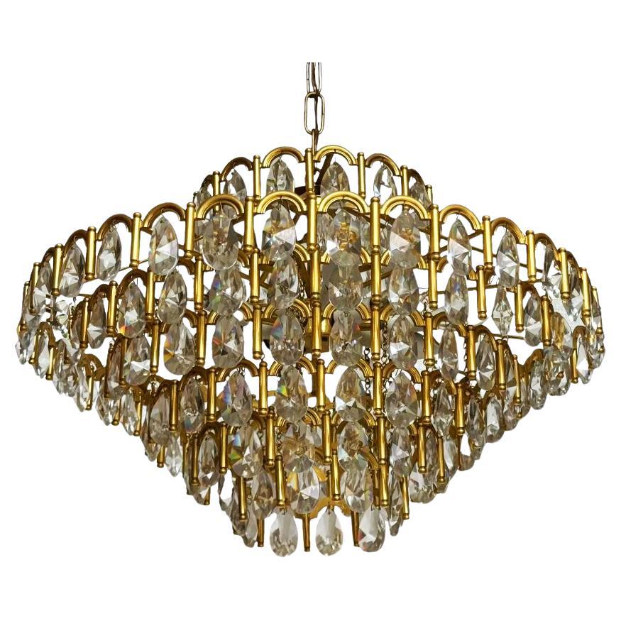 Hollywood Regency Glam Brass / Gold Gilded French or Italian Crystal Chandelier