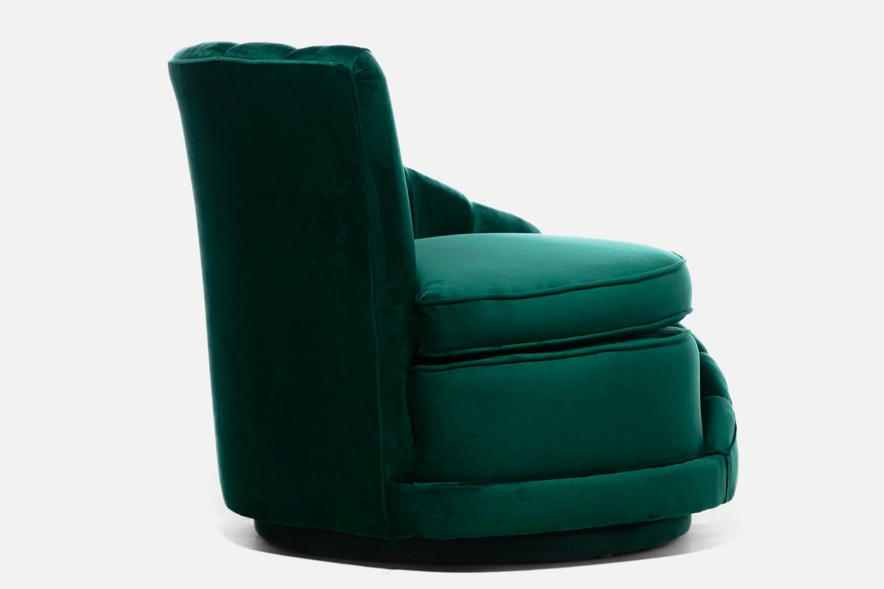 Hollywood Regency Glamorous Asymmetrical Swivel Chairs in Emerald Green Velvet For Sale 7