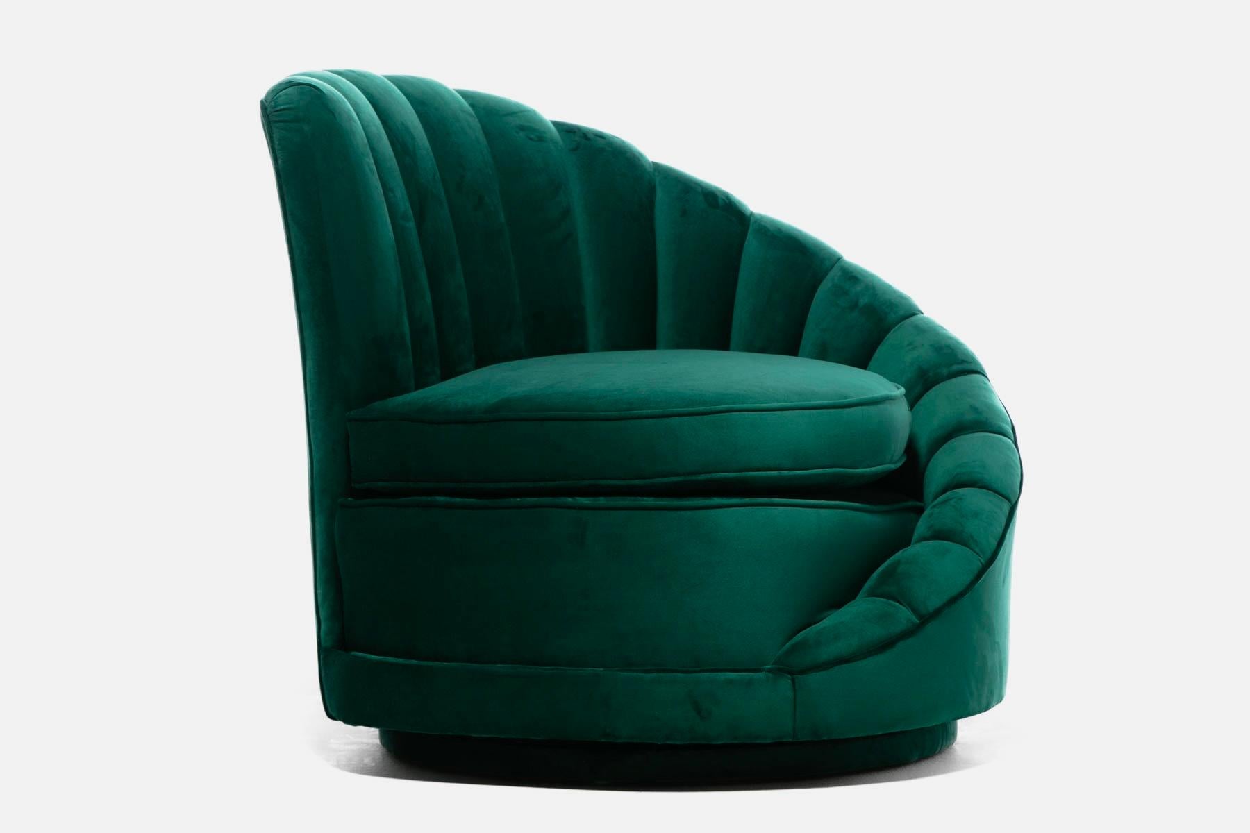 Hollywood Regency Glamorous Asymmetrical Swivel Chairs in Emerald Green Velvet For Sale 8