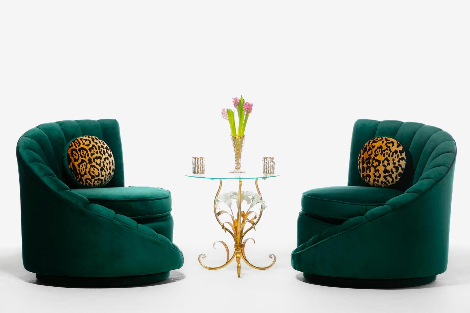 Hollywood Regency Glamorous Asymmetrical Swivel Chairs in Emerald Green Velvet For Sale 14