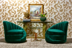 Hollywood Regency Glamorous Asymmetrical Swivel Chairs in Emerald Green Velvet