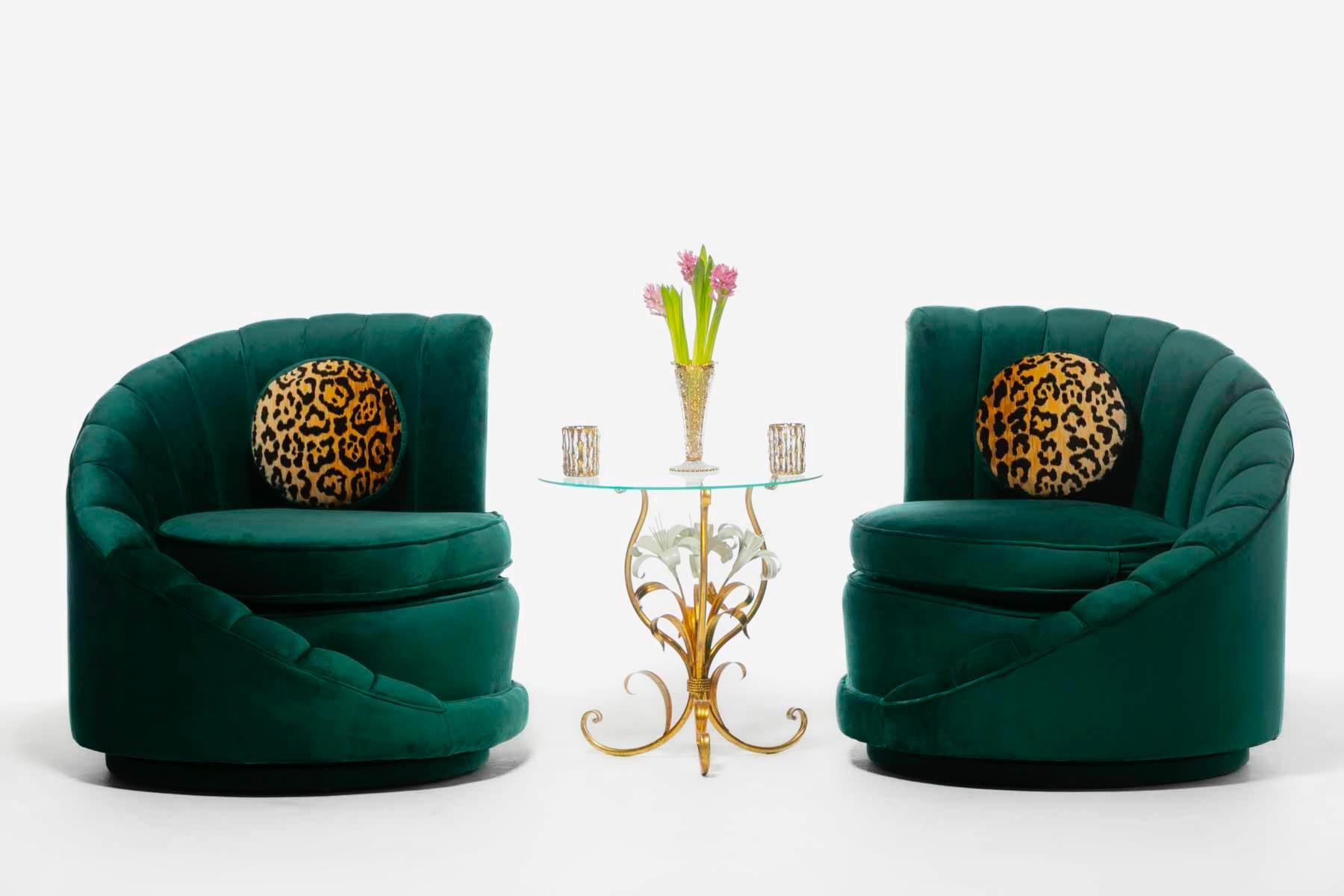 Hollywood Regency Glamorous Asymmetrical Swivel Chairs in Emerald Green Velvet For Sale 15