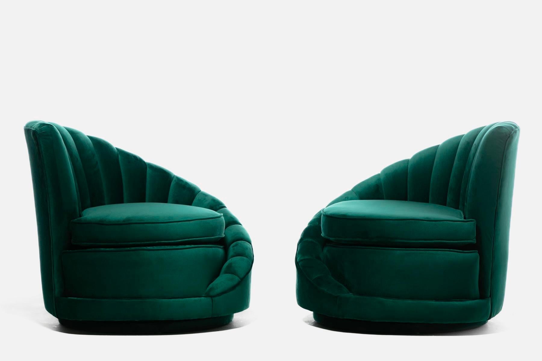 American Hollywood Regency Glamorous Asymmetrical Swivel Chairs in Emerald Green Velvet For Sale