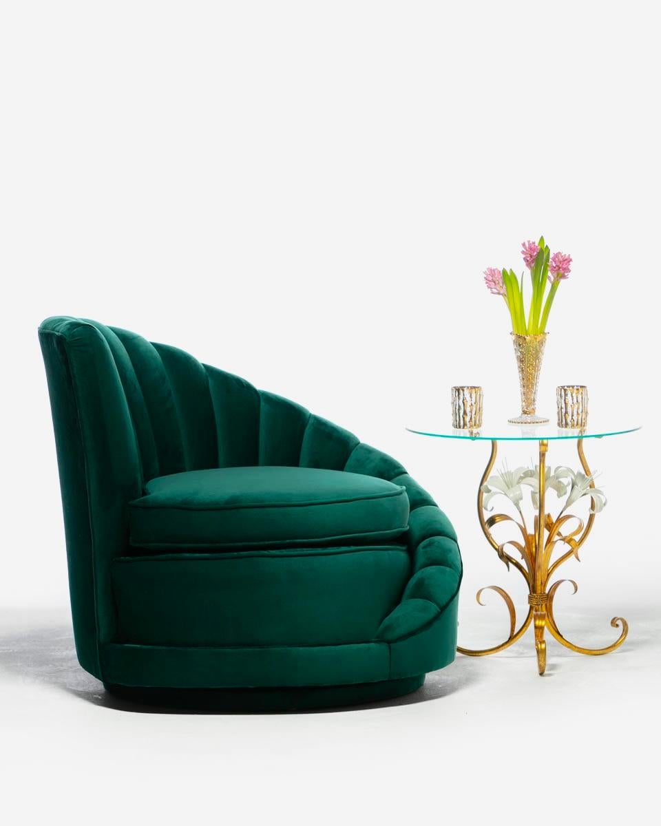Hollywood Regency Glamorous Asymmetrical Swivel Chairs in Emerald Green Velvet For Sale 2