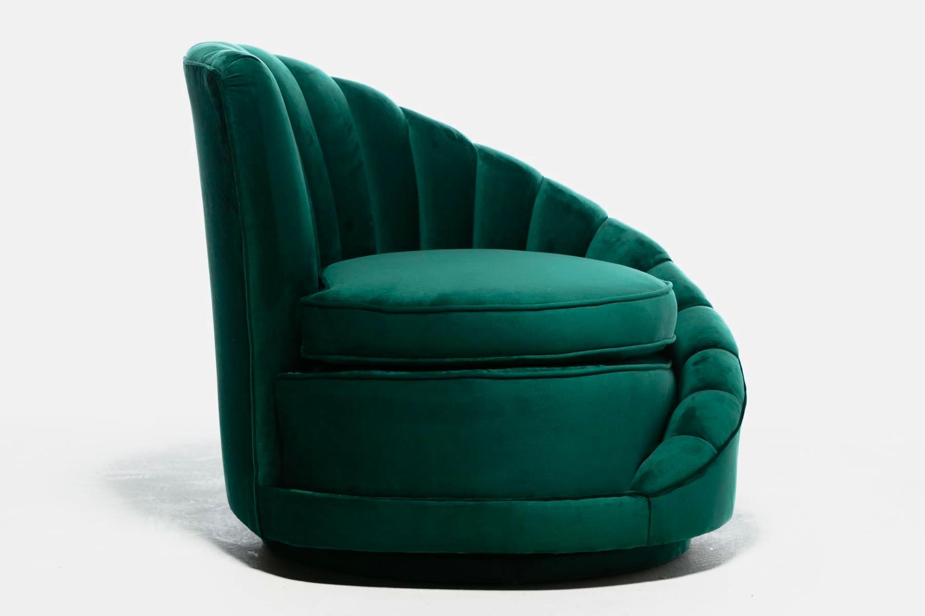 Hollywood Regency Glamorous Asymmetrical Swivel Chairs in Emerald Green Velvet For Sale 3